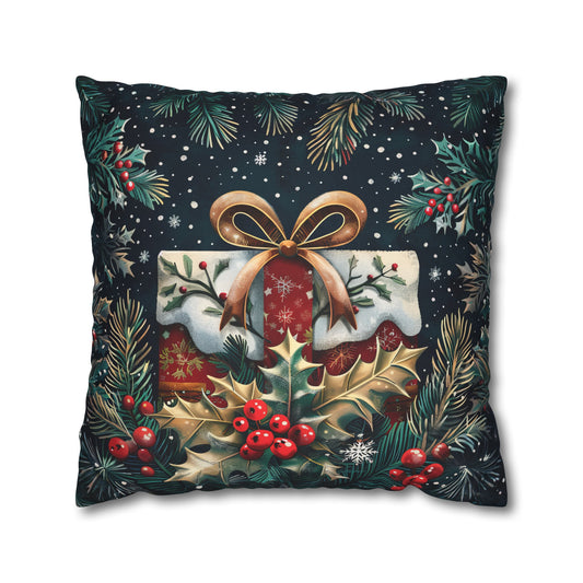 Christmas Present Nestled Amongst Pine Needles and Ornaments Spun Polyester Square Pillowcase 4 Sizes