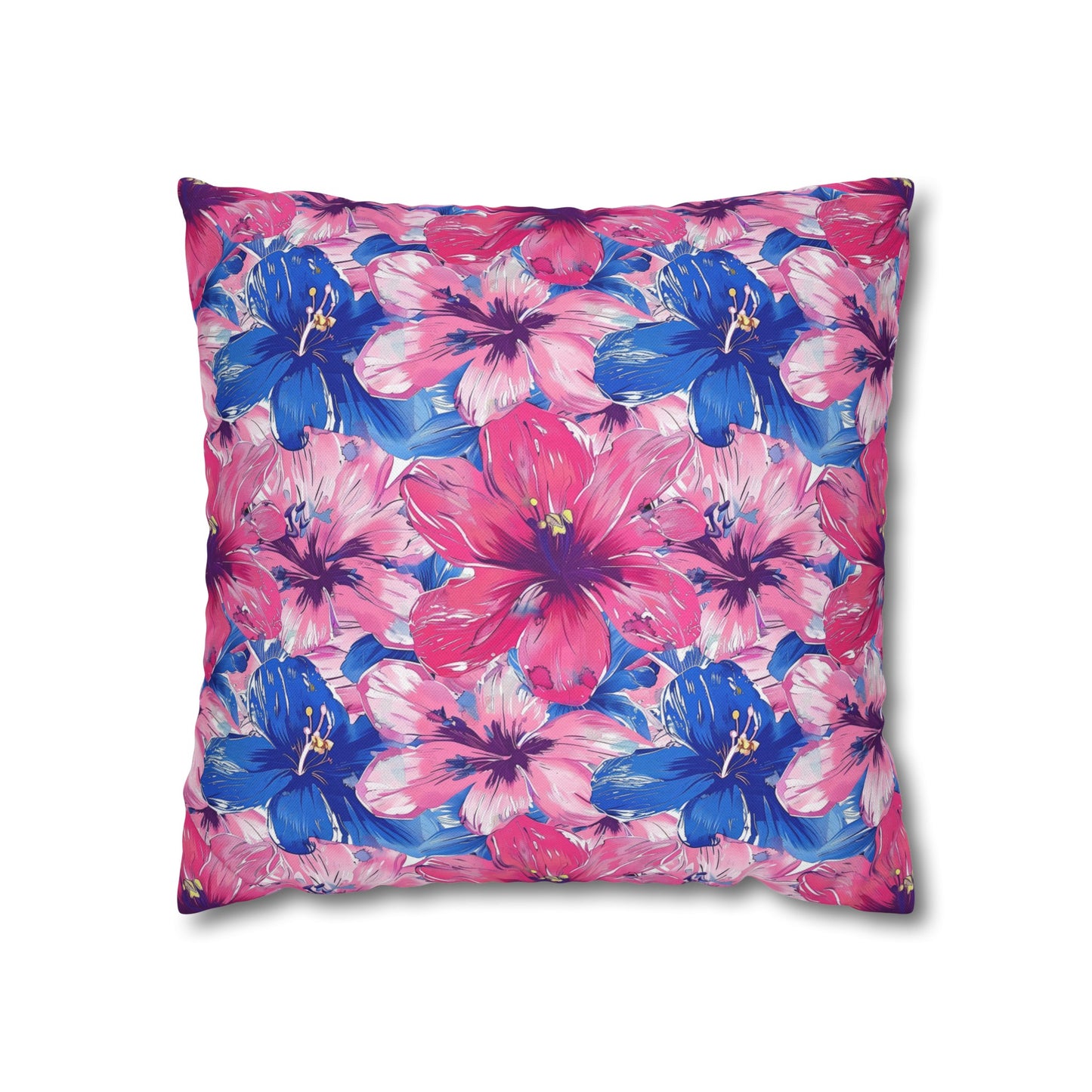 Blooming Bliss: Large Pink and Blue Blossoms in Full Bloom Spun Polyester Square Pillowcase 4 Sizes