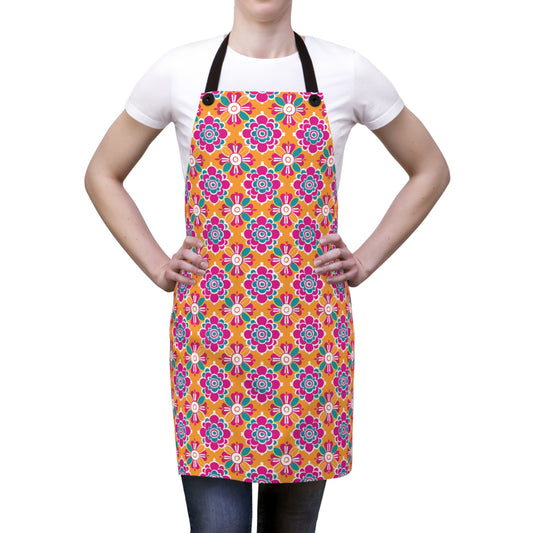 Array of Stylized Floral Motifs in Vivid Pink, Teal, and White Set Against a Warm Orange Backdrop Kitchen Chef Apron