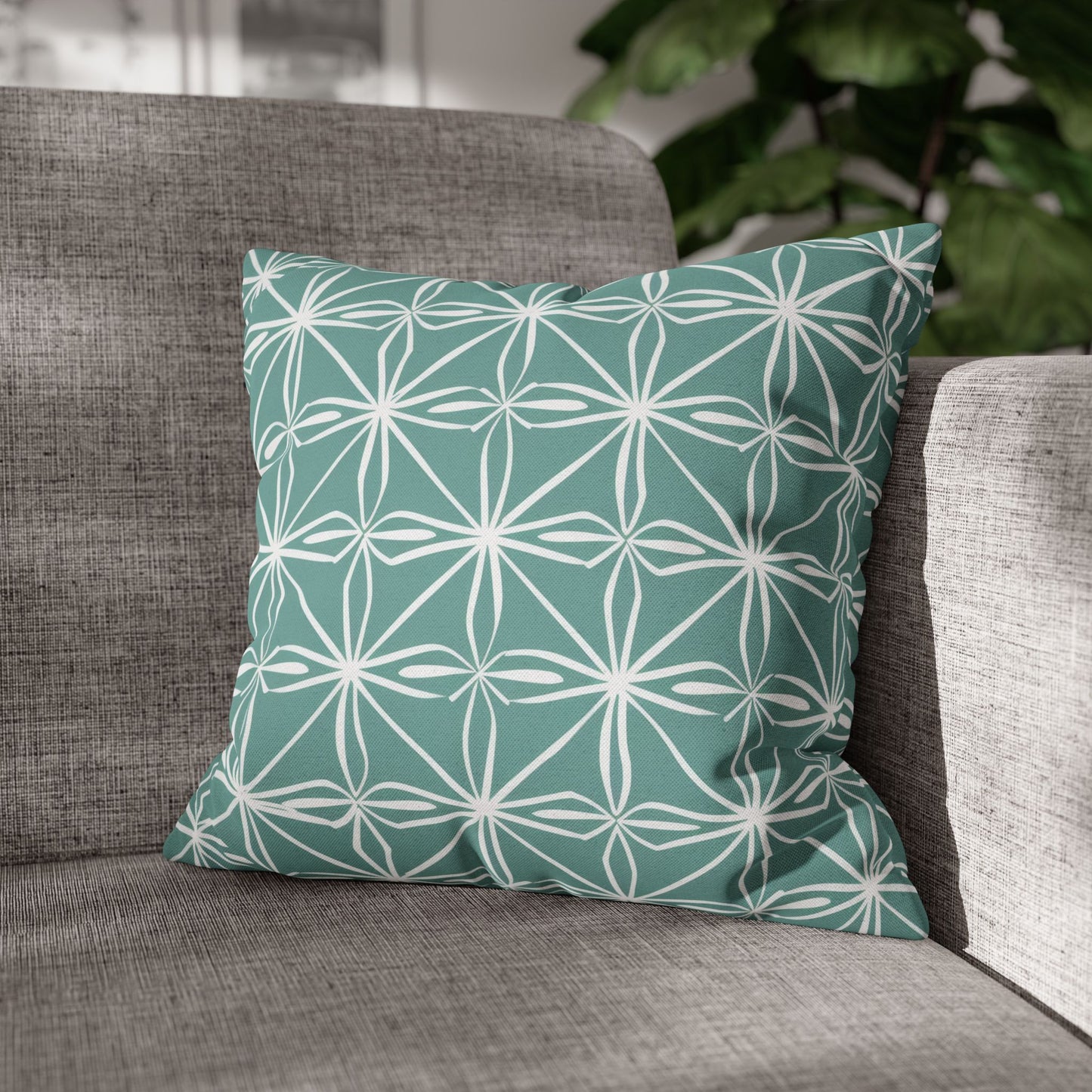 Elegant Minimalist Geometric Line Art in White and Teal Pattern Spun Polyester Square Pillowcase 4 Sizes