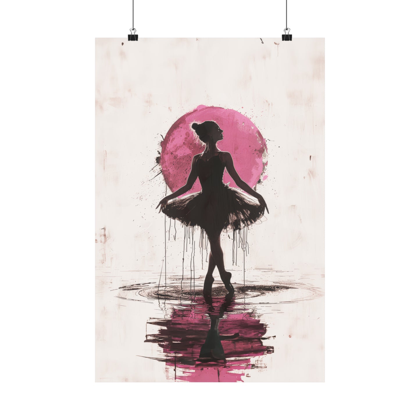 Enchanting Performance: Ballerina Dancing Amidst Pink Sunlight and Gentle Rain Print on Matte Poster - 11 Sizes