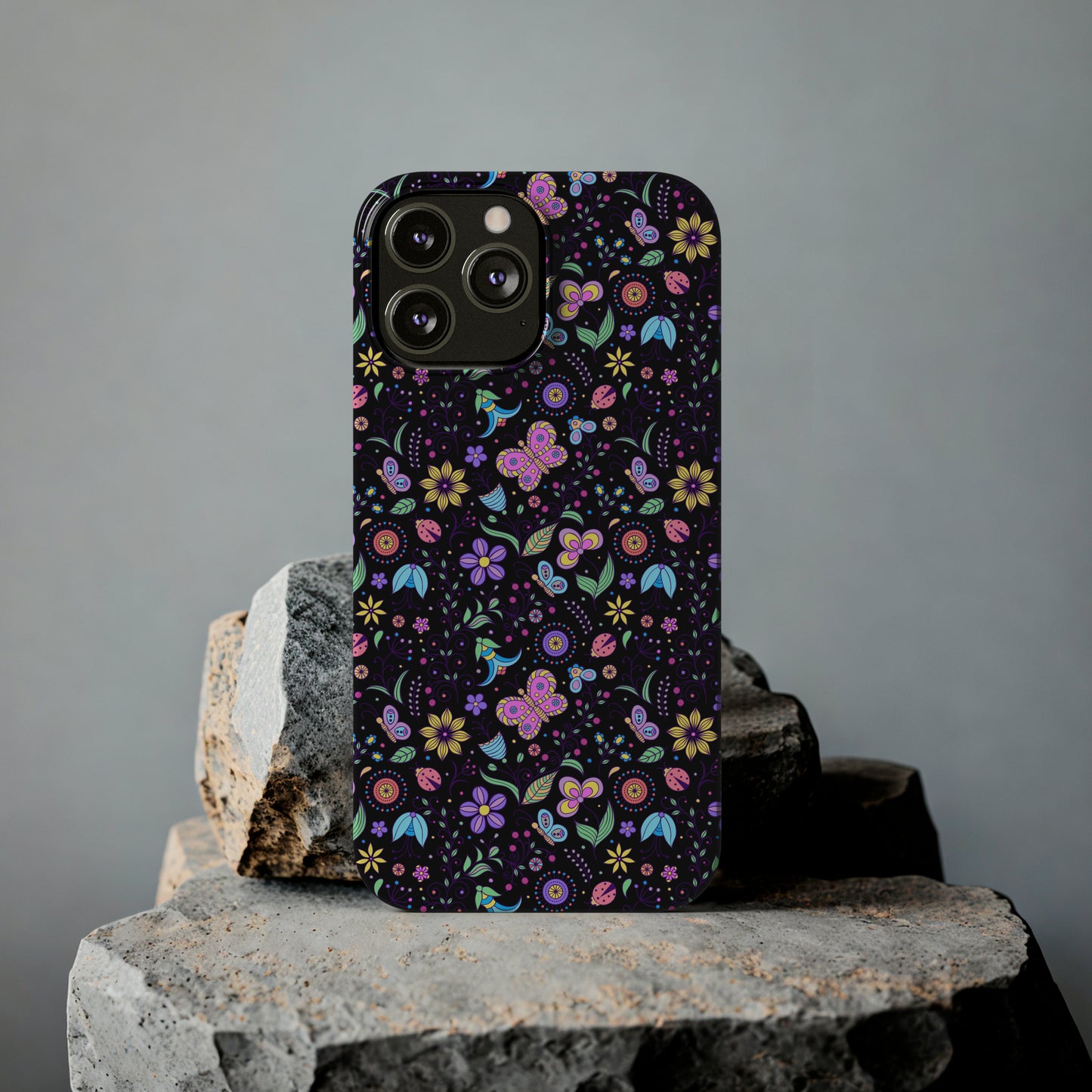 Butterflies and Flowers Black Background Iphone 15-12 Slim Phone Case