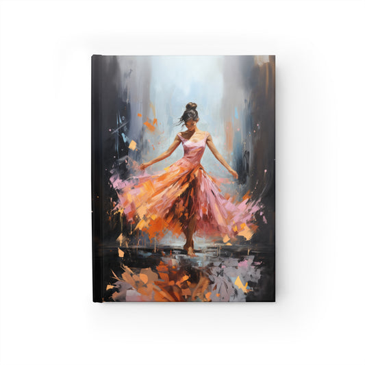 Swirling Splendor: Ballerina in Orange and Pink Dress Dancing Amidst the Reflecting Rain Print Hard Cover Journal - Ruled Line