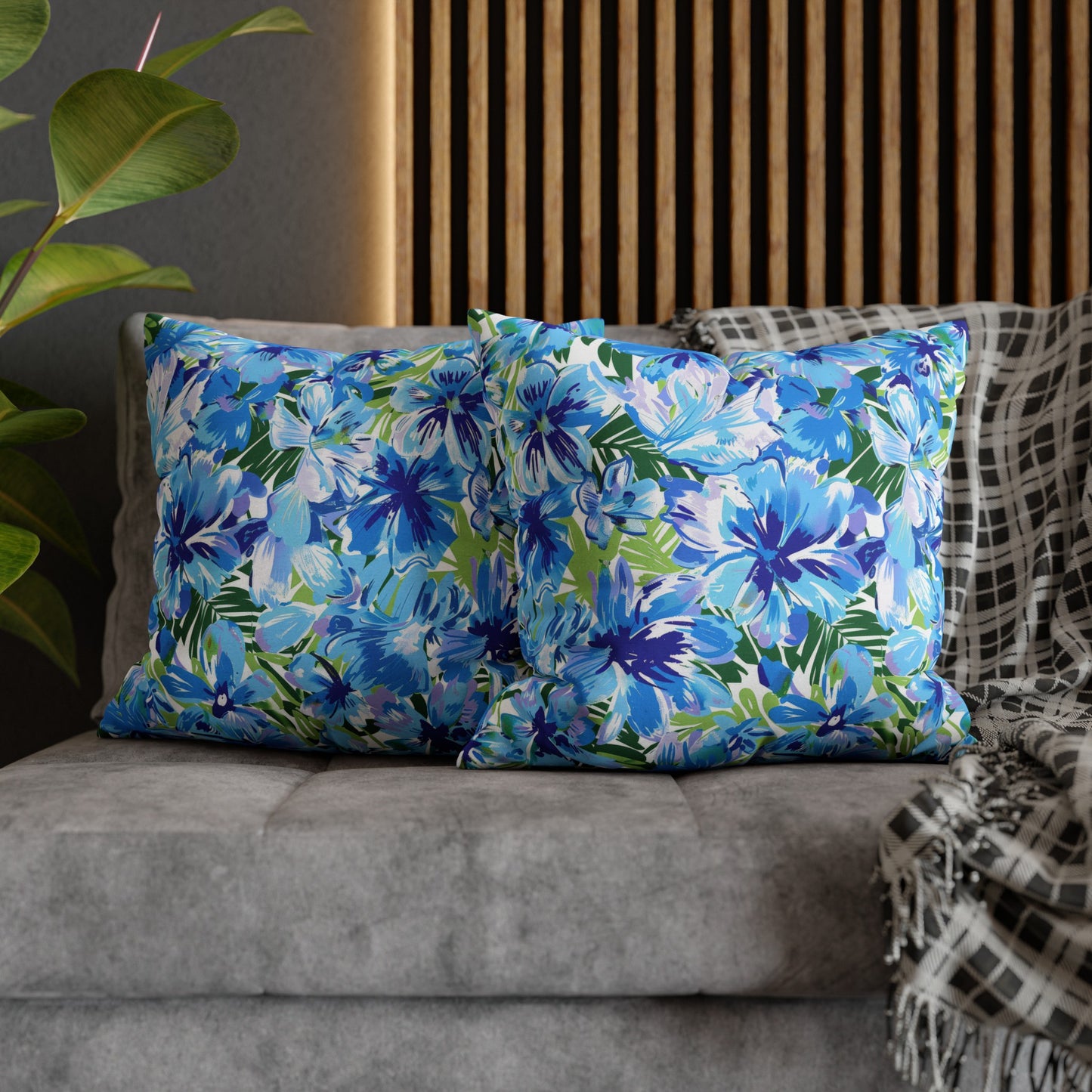 Azure Bloom Oasis: Bright Blue Large Flowers with Lush Green Palm Leaves Spun Polyester Square Pillowcase 4 Sizes