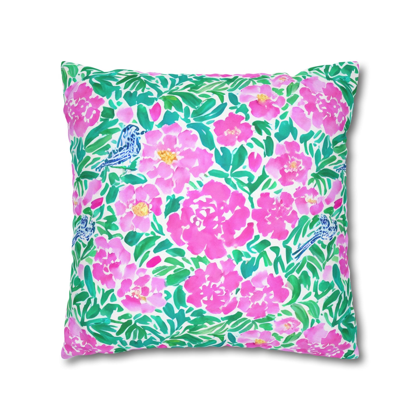 Springtime Whispers: Tiny Birds and Pink Blooms, Subtle Blue Accents, and Lush Green Leaves Spun Polyester Square Pillowcase 4 Sizes