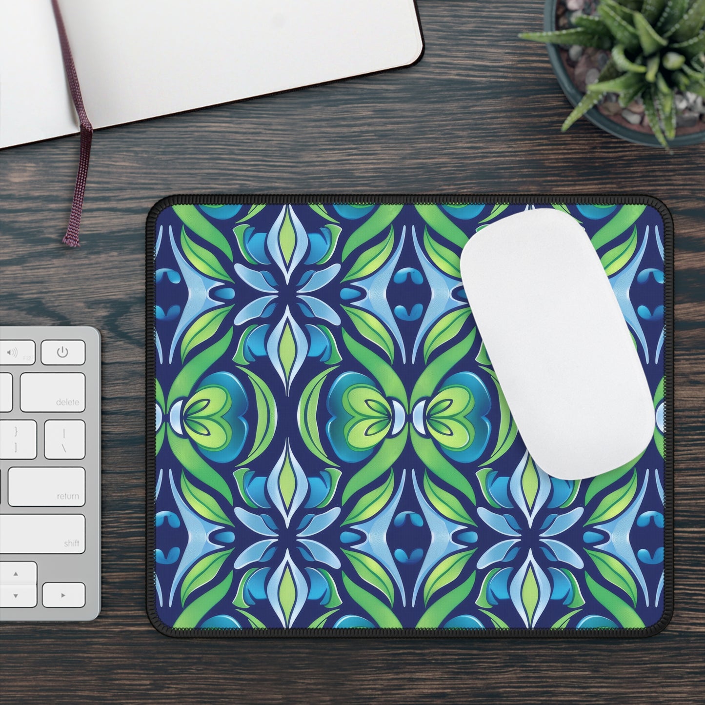 Retro Abstract Blue and Green Floral Pattern Gaming Mouse Pad with Finished Edges