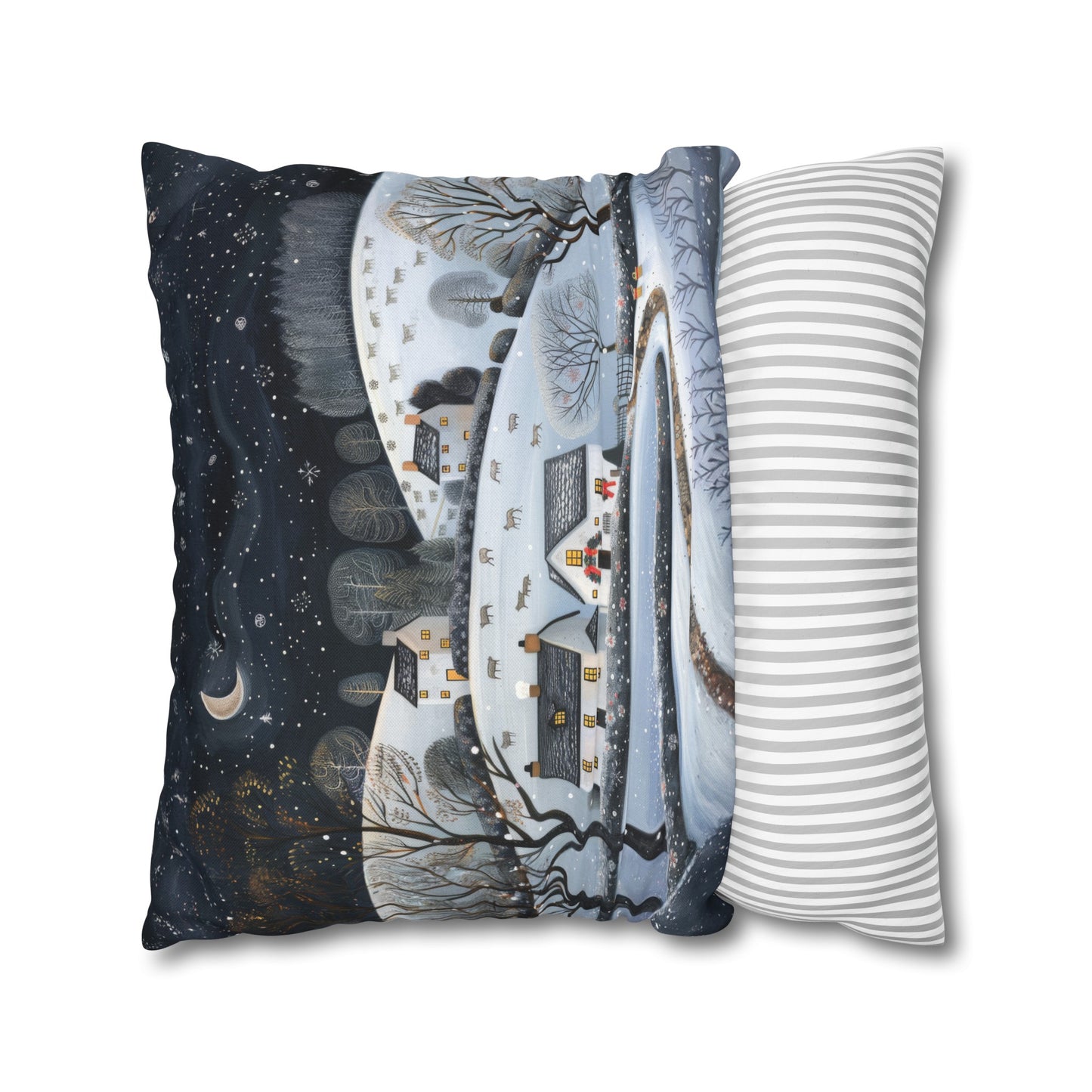 Starry Serenity: Rolling Hills on a Snowy Night, Stars Sparkling in the Sky Spun Polyester Square Pillowcase 4 Sizes