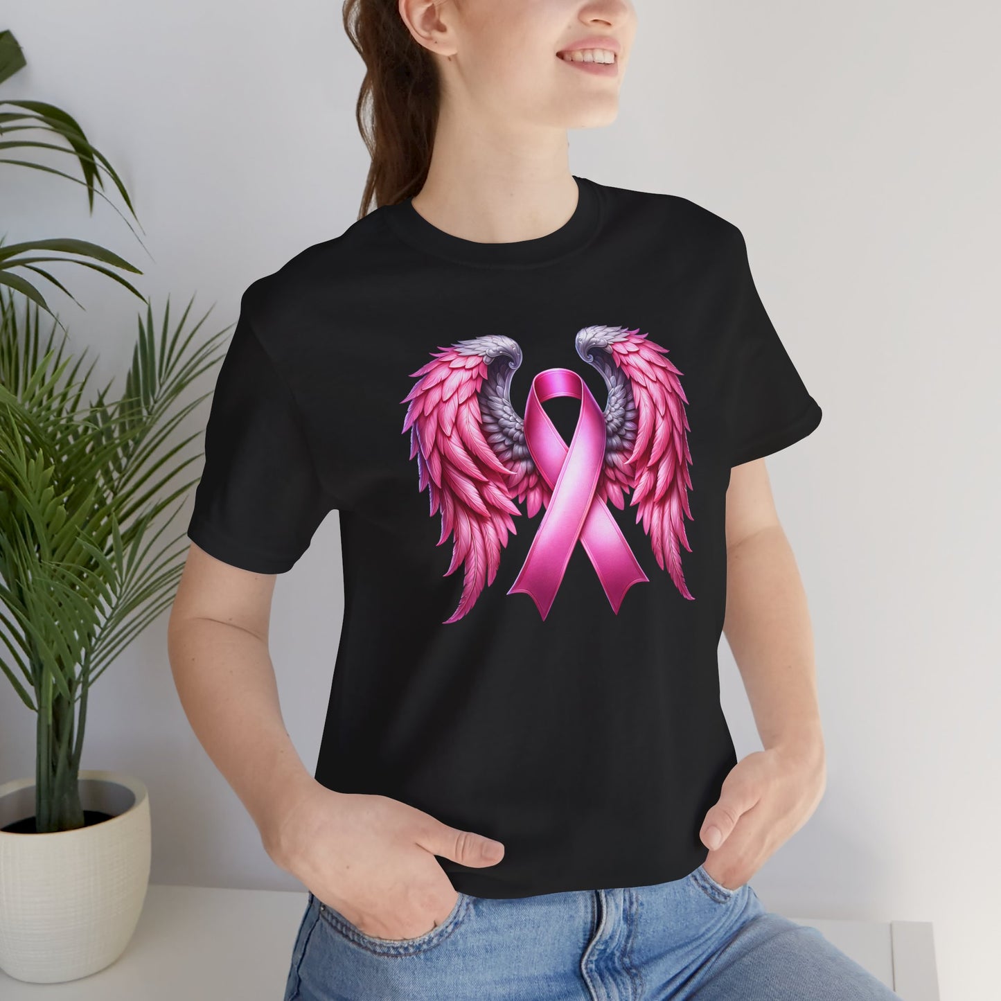 Pink Ribbon Angel Wings Breast Cancer Survivor Jersey Short Sleeve T-shirt