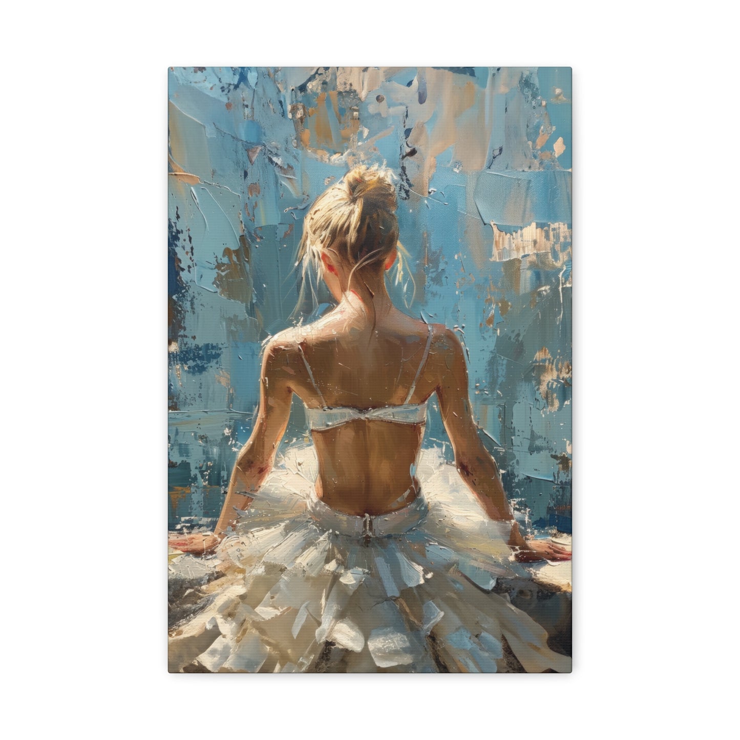 Sunlit Serenity Ballerina in White Dress, Bathed in Sunlight and Blue Skies with Back Turned Print on Canvas Gallery - 13 Sizes