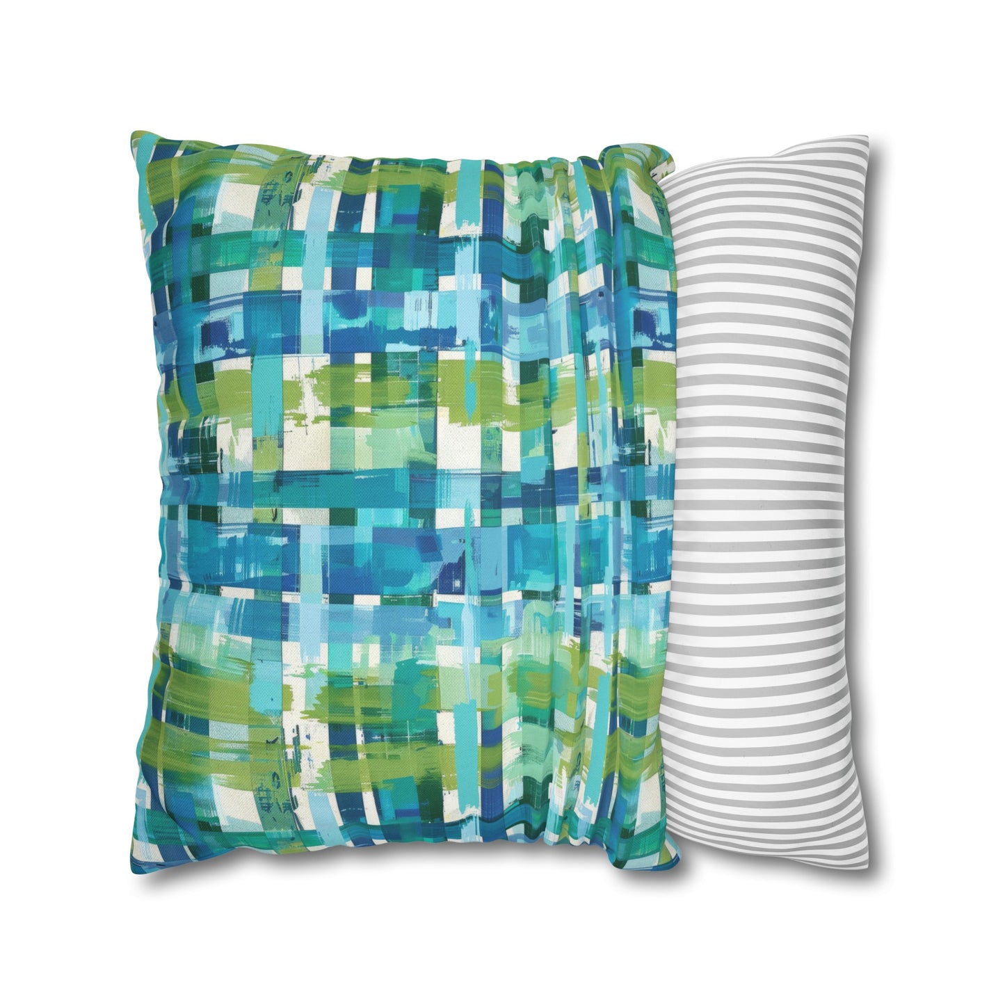 Enchanted Lagoon: Vibrant Green and Blue Abstract Plaid Spun Polyester Square Pillowcase 4 Sizes