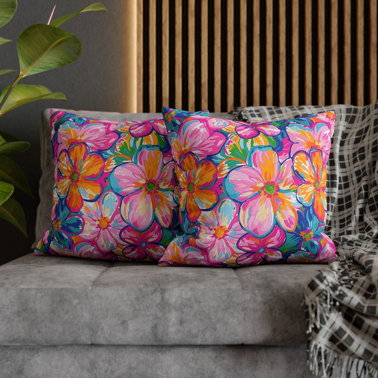 Chromatic Blossoms: Large Watercolor Flowers in Mixed Pinks, Blues, and Oranges Spun Polyester Square Pillowcase 4 Sizes