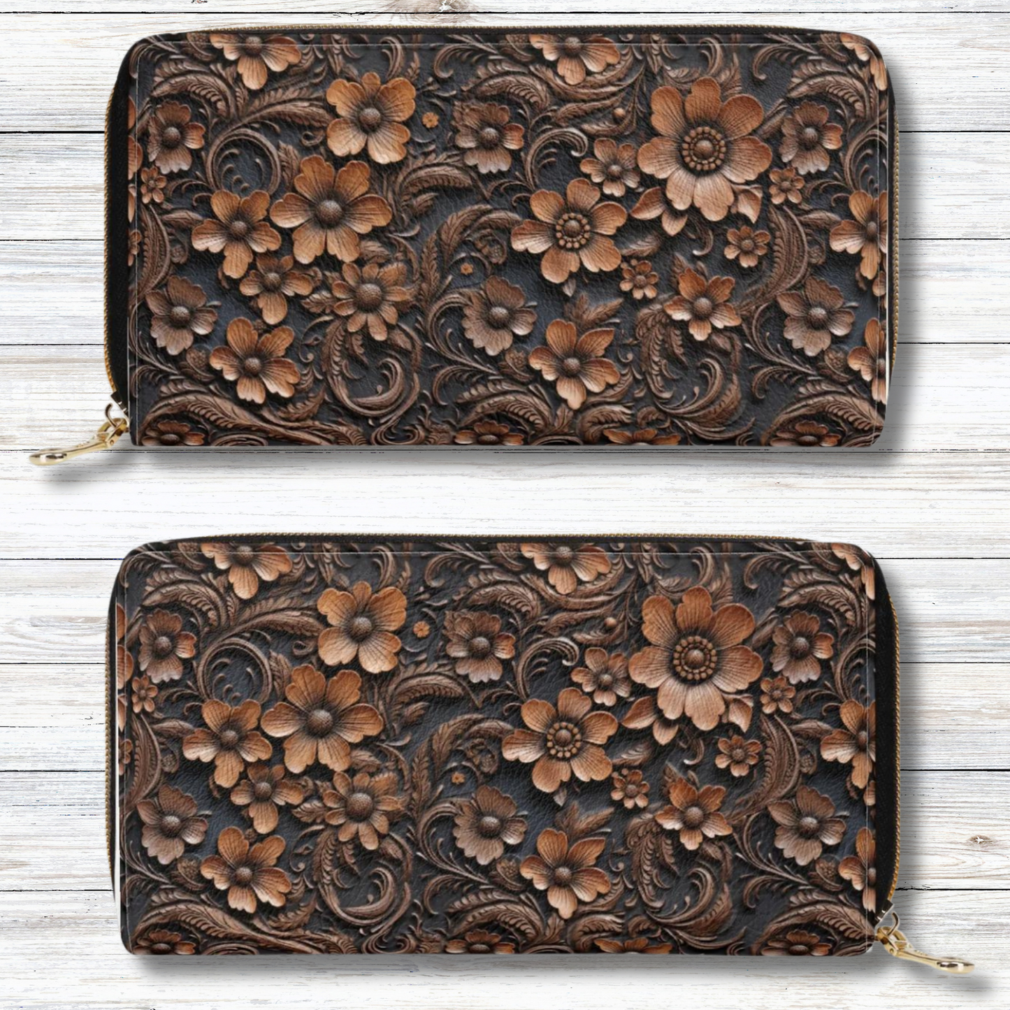 Print of Tooled Deep Brown Leather Flowers Leather Wallet (PU)