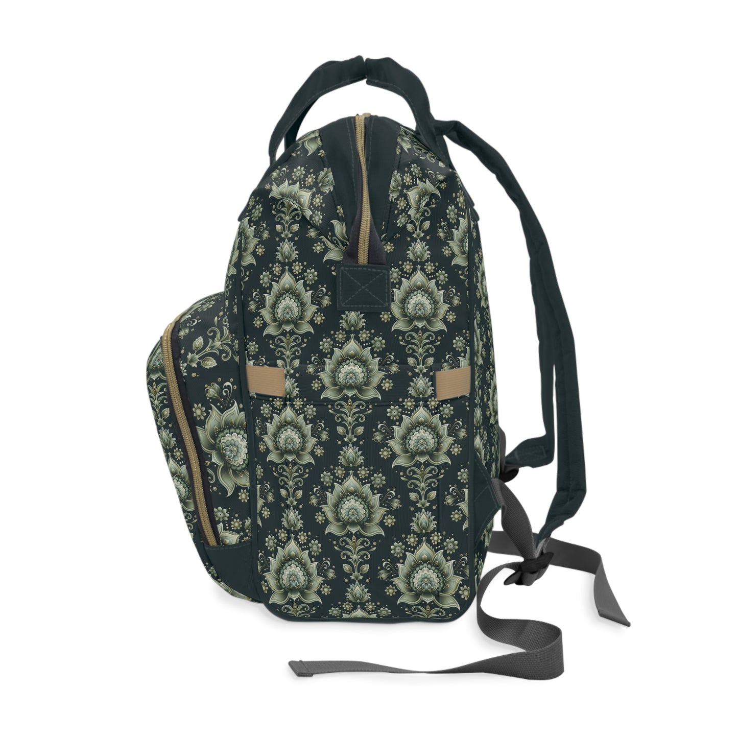 Ornate Green Mandala with Golden Accents on Dark Background Multifunctional Diaper Backpack