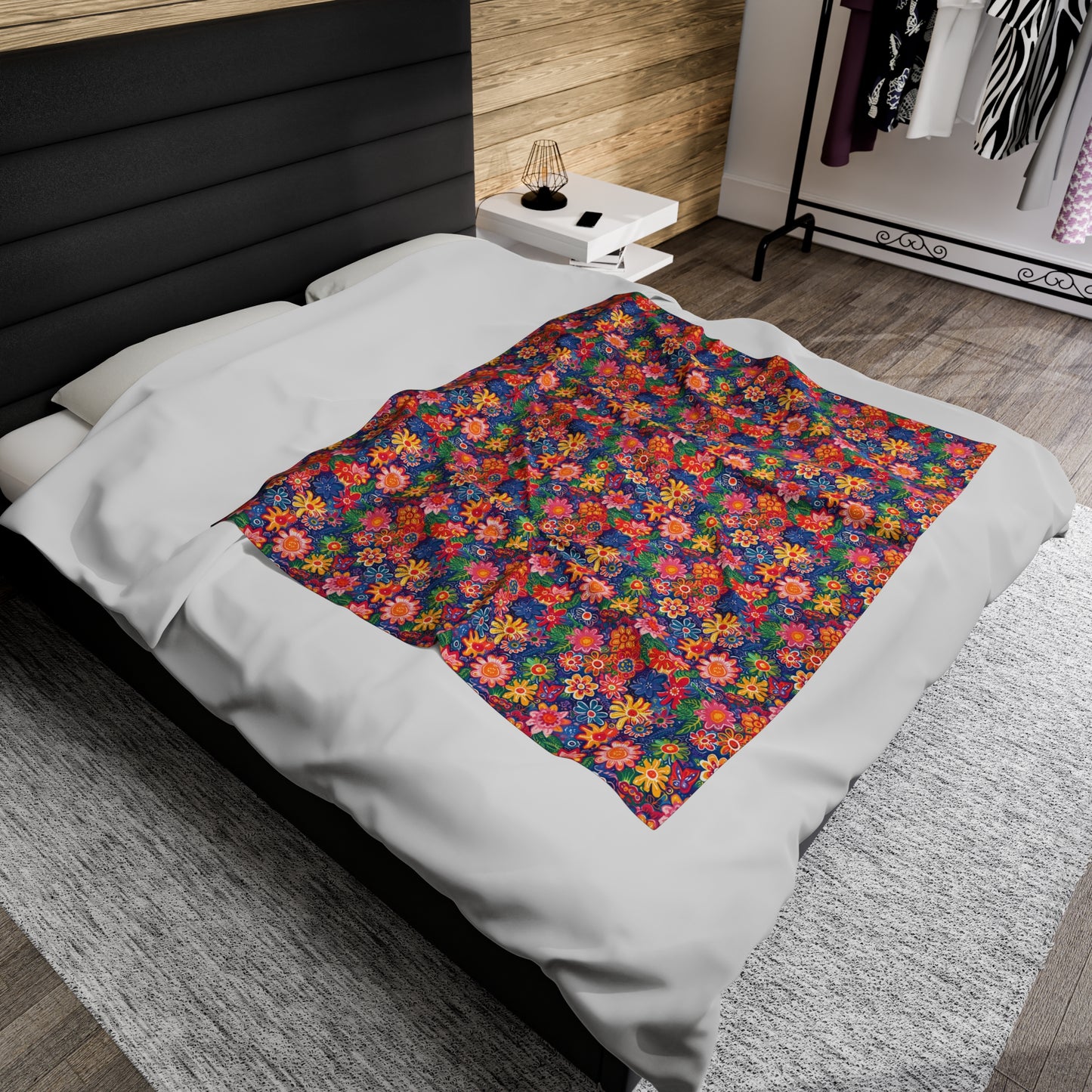 Fluttering Kaleidoscope: Vibrant Multicolor Flowers and Butterflies in Flight Velveteen Plush Blanket 3 Sizes