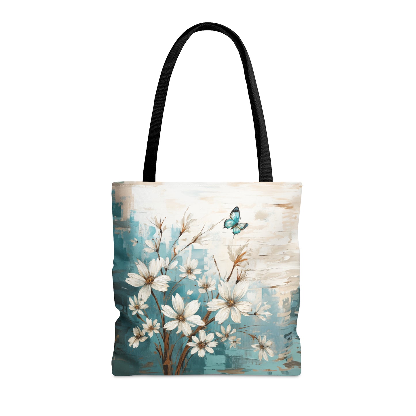 Rustic Farmhouse White and Teal Wild Daisies and Butterflies  - Canvas Tote 3 Sizes