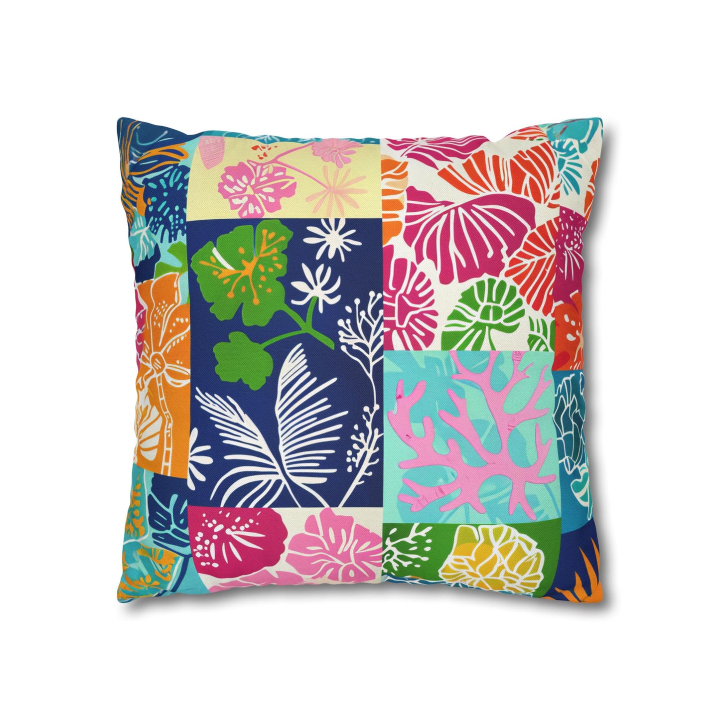 Vibrant Mosaic of Tropical Unique Shapes and Hues, from Vivid Oranges to Deep Blue Leaves and Flowers Spun Polyester Square Pillowcase 4 Sizes