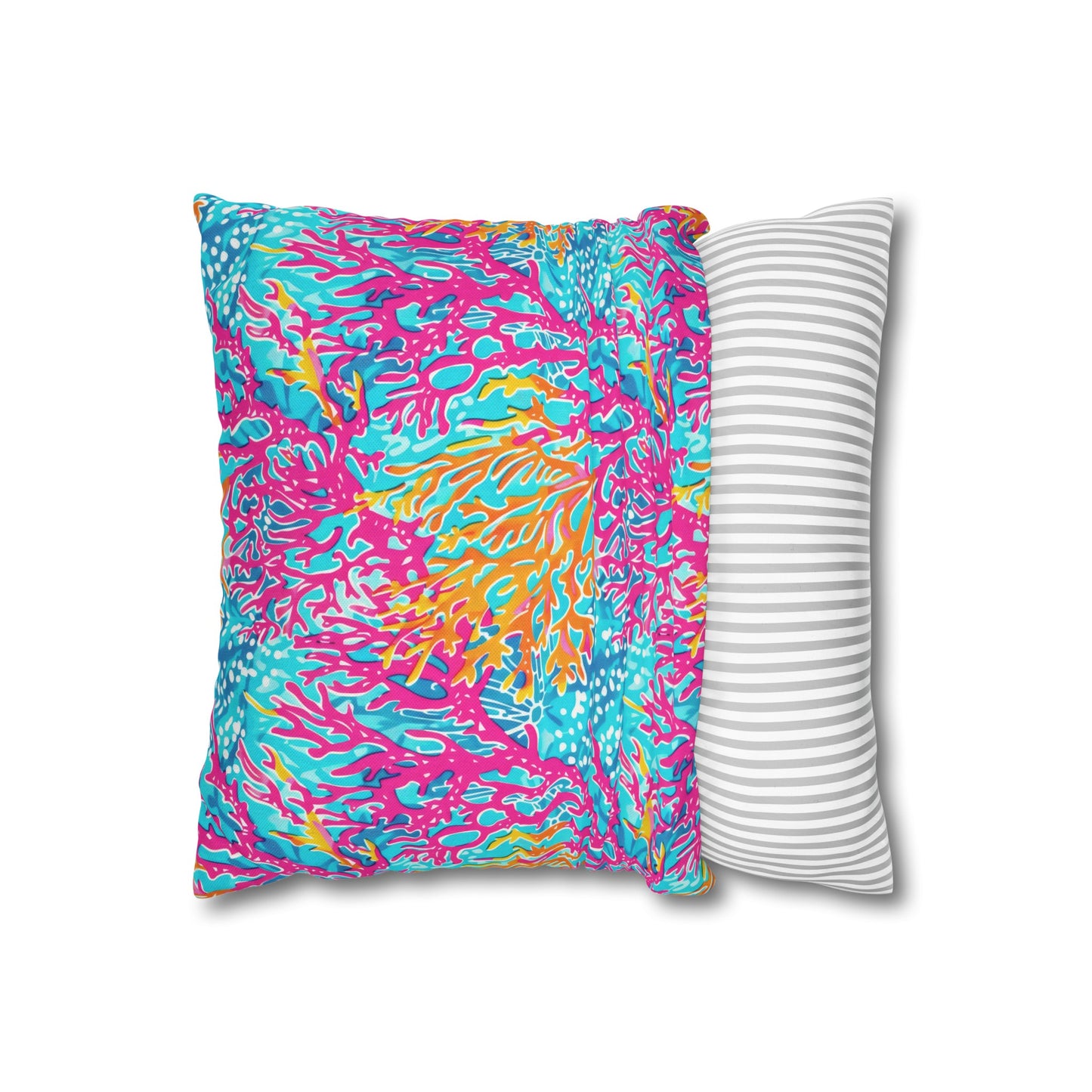 Coral Symphony: Bright Pink, Yellow, and Coral Dancing in the Blue Ocean Spun Polyester Square Pillowcase 4 Sizes