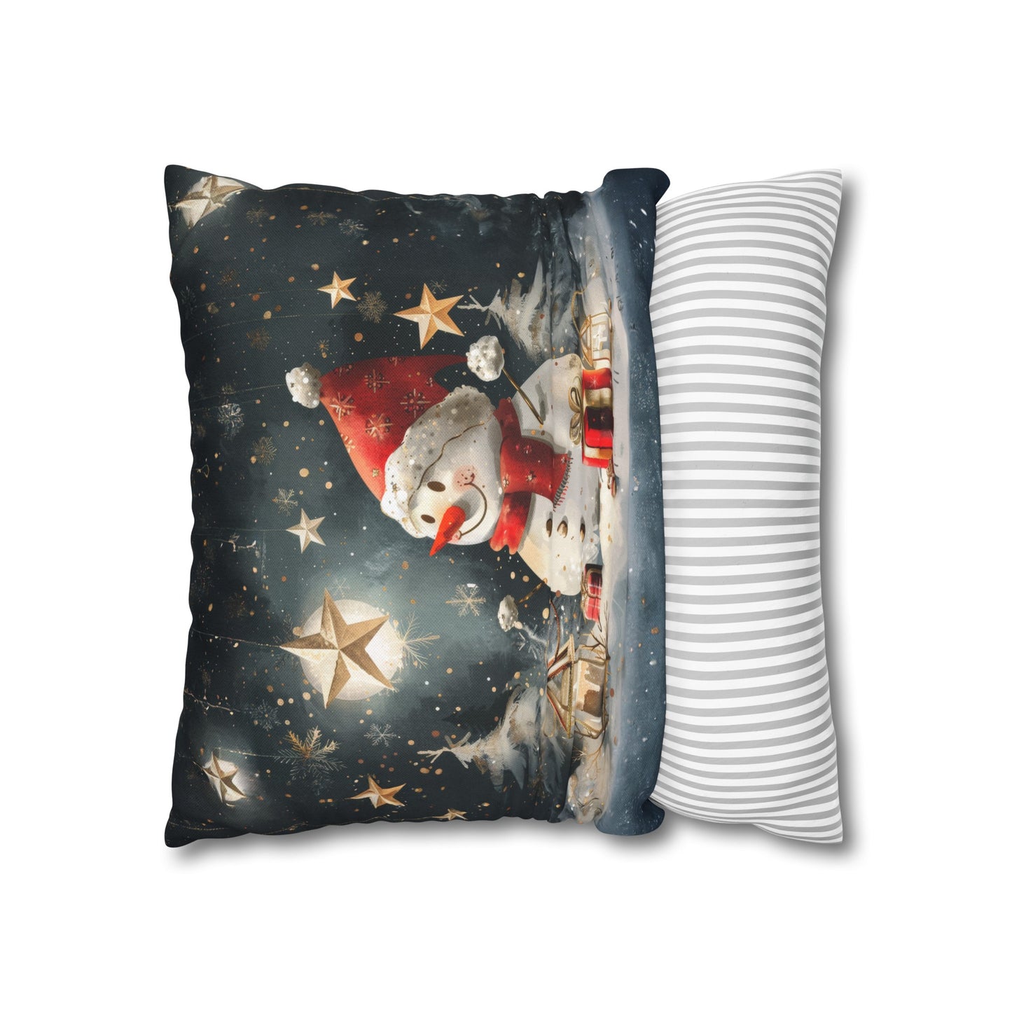 Moonlit Frost: Snowman Basking in Moonlight Surrounded by Presents Spun Polyester Square Pillowcase 4 Sizes