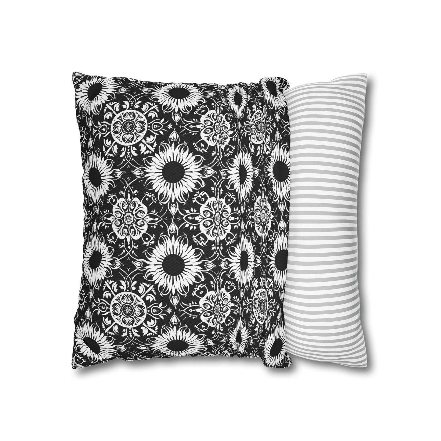 Elegant Mandala Design with Black and White Sunflowers Spun Polyester Square Pillowcase 4 Sizes