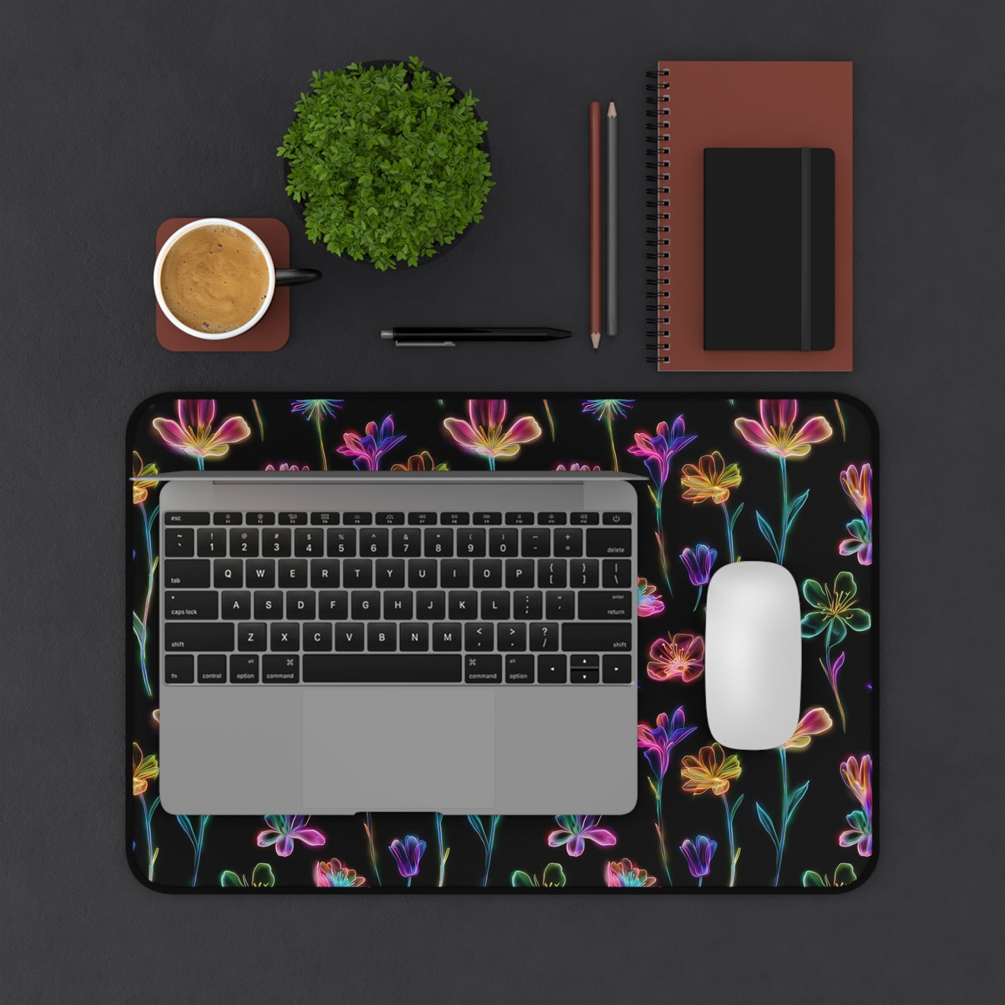 Neon Spring Flowers Deskmat , Floral Dark Desk Decoration, Floral Large Mousepad, Gaming Desk Mat, Desktop Accessory