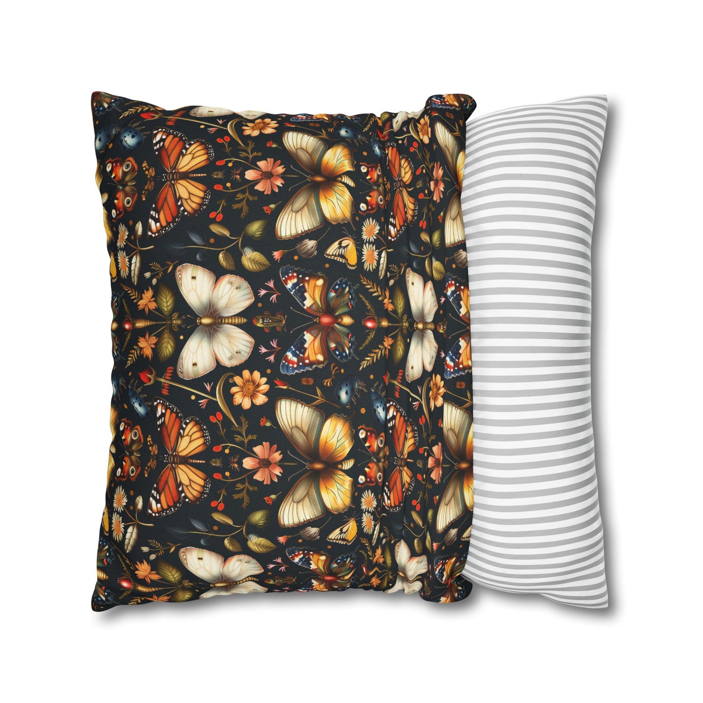 Enchanted Garden of Butterflies and Botanicals in Rich Autumn Hues on a Deep Night Background Polyester Square Pillowcase 4 Sizes