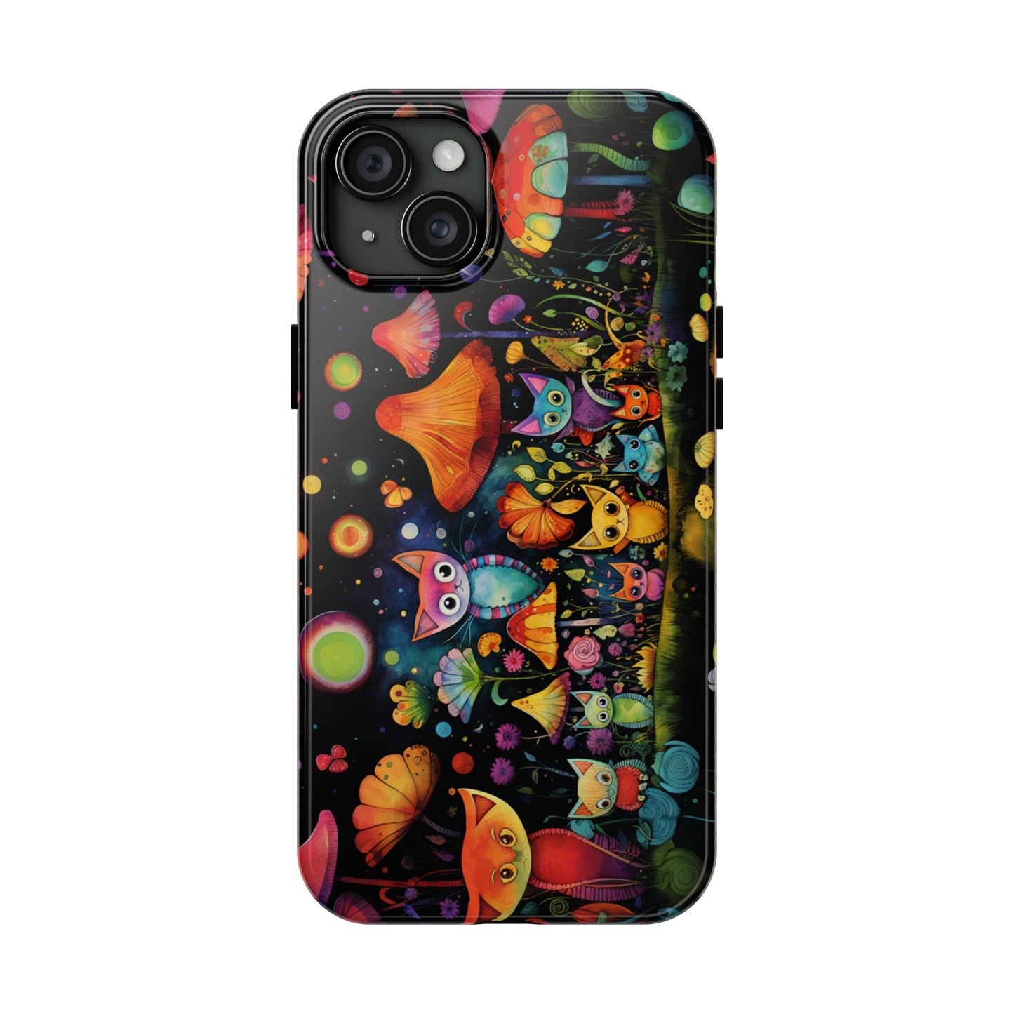 Mystical Cats Amidst a Garden of Flowers and Mushrooms, Beneath a Starry Sky Iphone Tough Phone Case