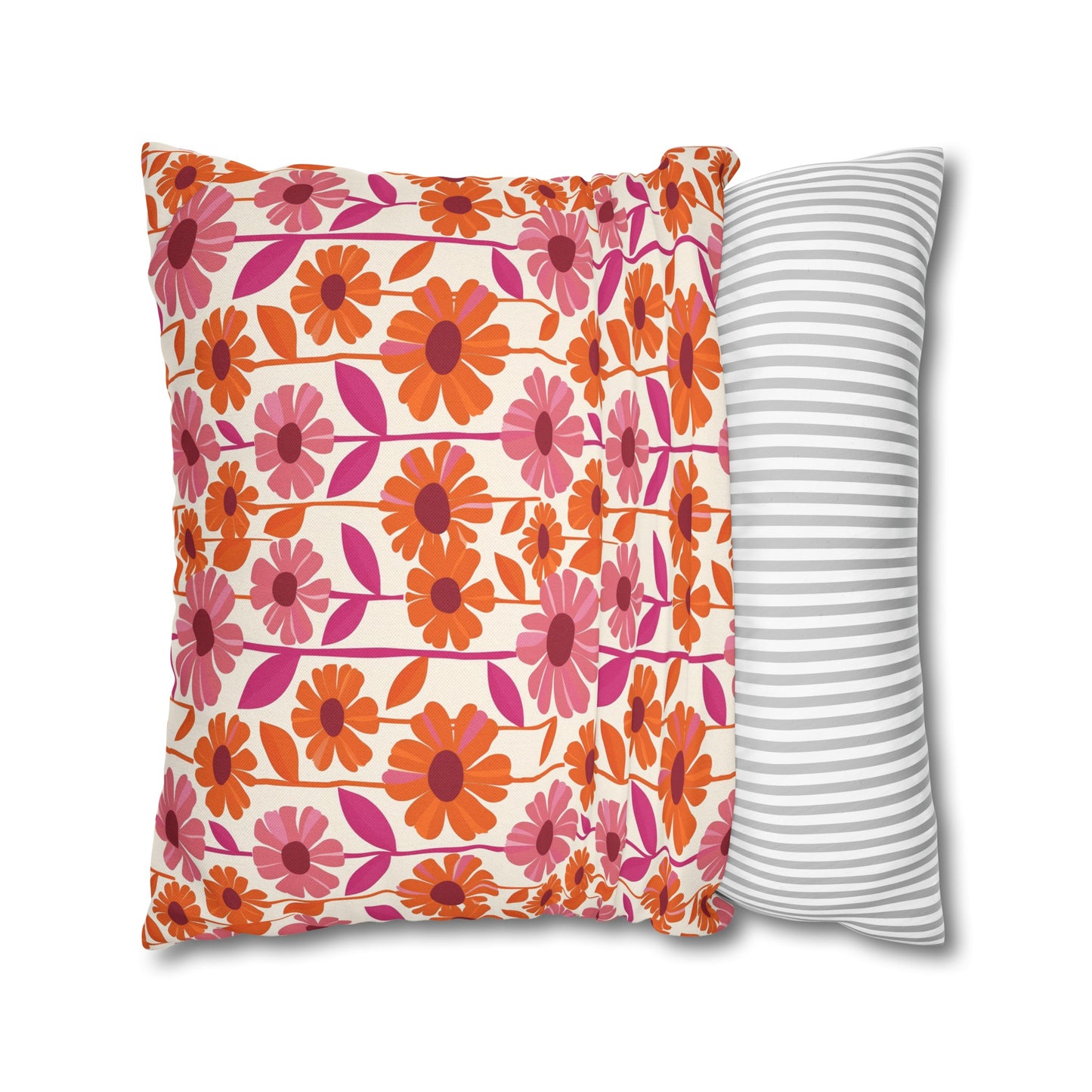 Retro Floral Bliss with Bold Pink and Orange Flower Design Spun Polyester Square Pillowcase 4 Sizes