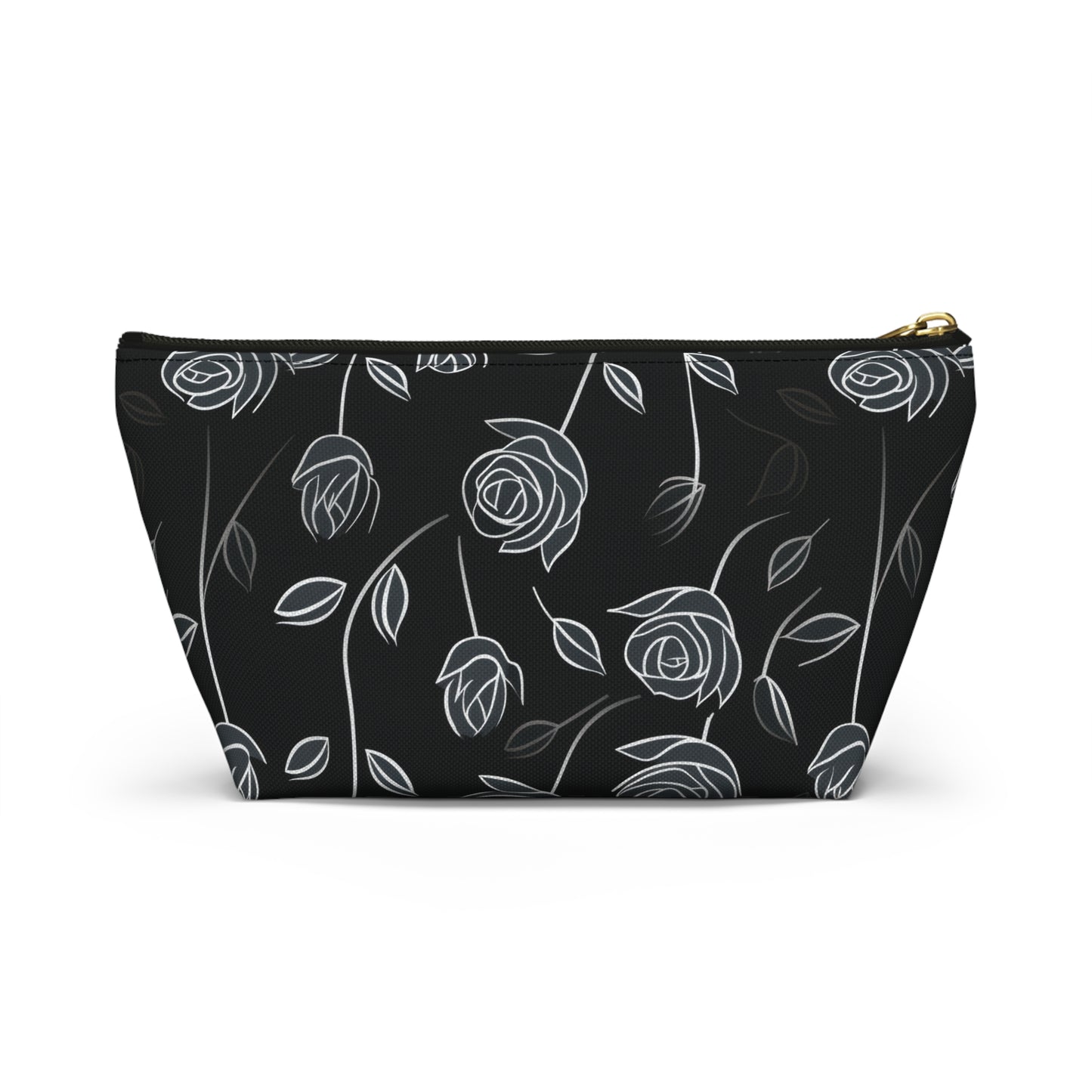 Contrasting Elegance: White Outlined Roses on a Black Background  - Makeup & Accessory Bag 2 Sizes