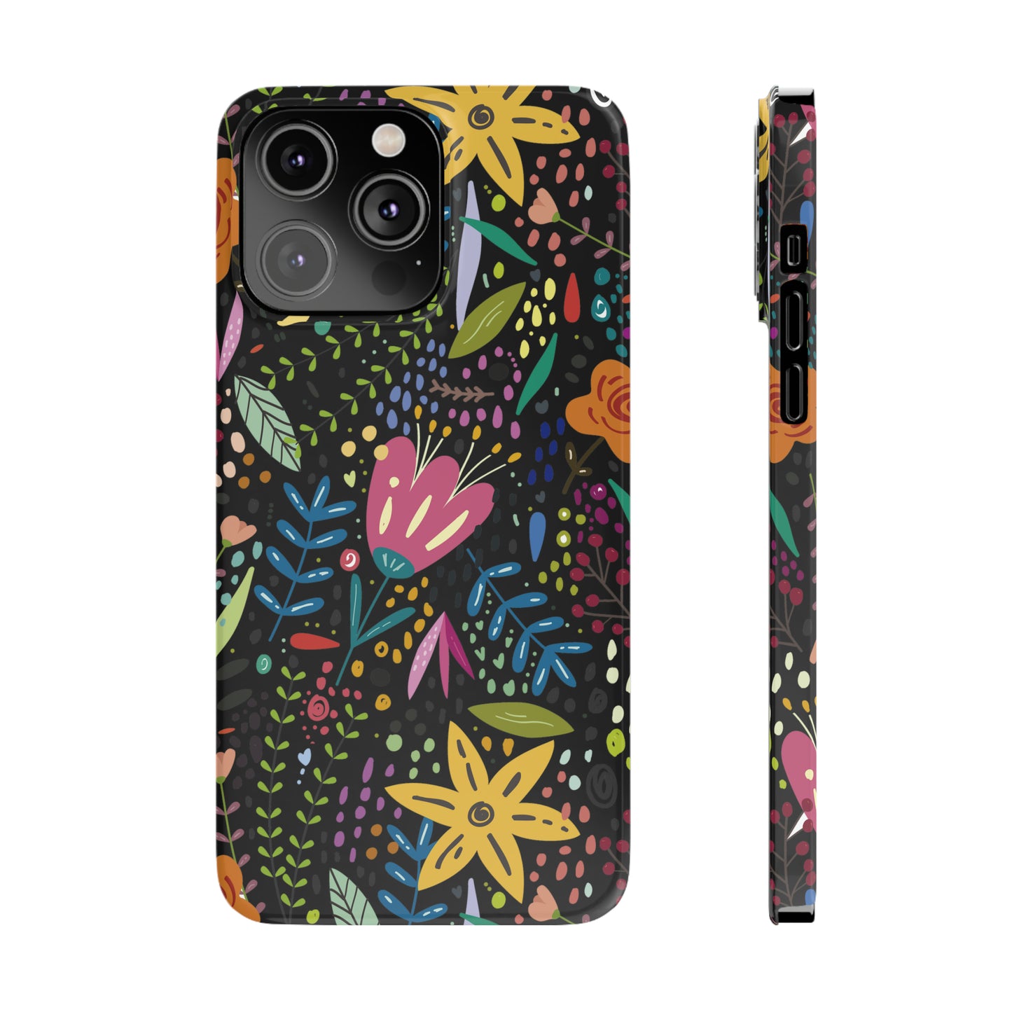 Springtime Splendor: Hand-Drawn Flowers Bursting with Vibrant Colors Design on Black Iphone 15-12 Slim Phone Case