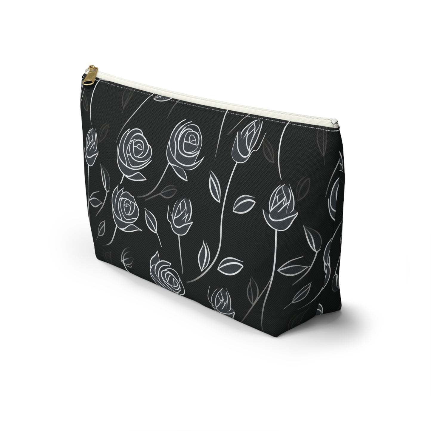 Contrasting Elegance: White Outlined Roses on a Black Background  - Makeup & Accessory Bag 2 Sizes