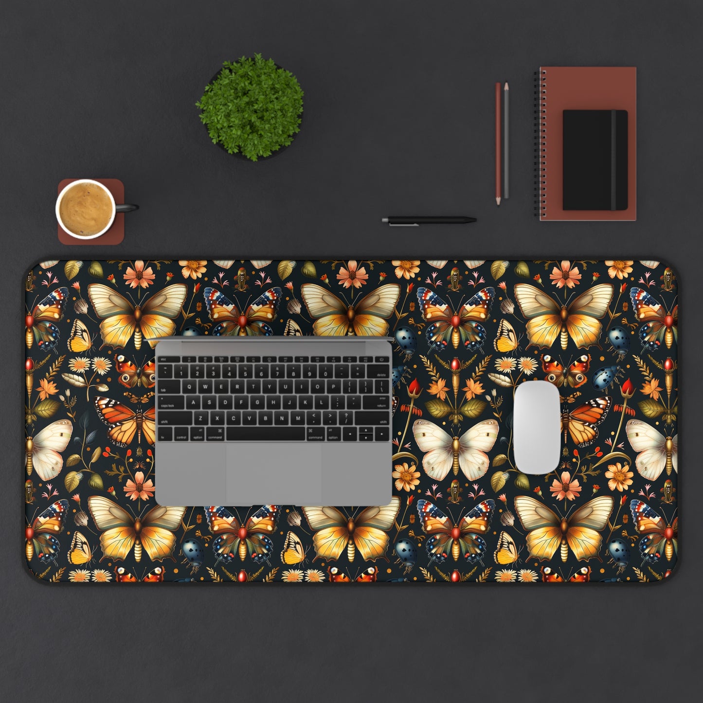 Enchanted Garden of Butterflies and Botanicals in Rich Autumn Hues on a Deep Night Background Extended Gaming Mouse Pad Desk Mat - 3 Sizes