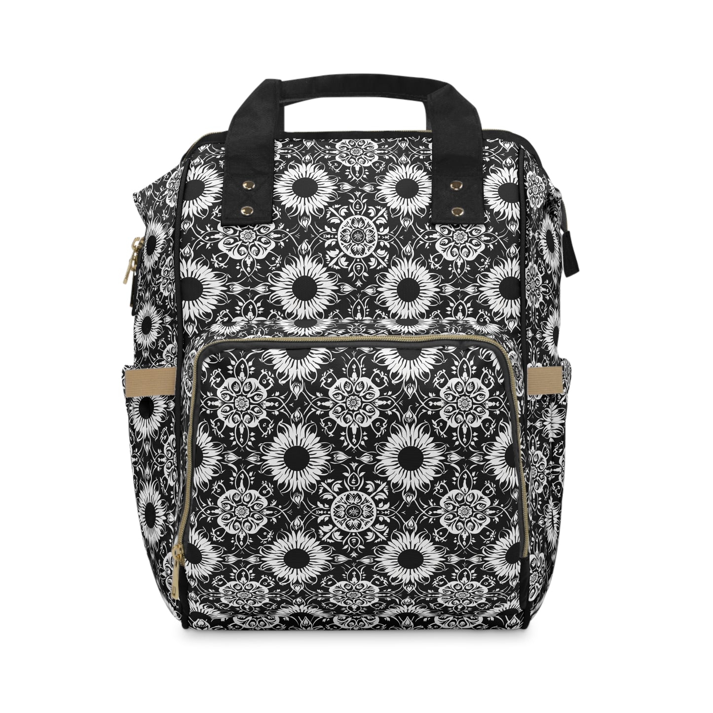 Elegant Mandala Design with Black and White Sunflowers Multifunctional Diaper Backpack