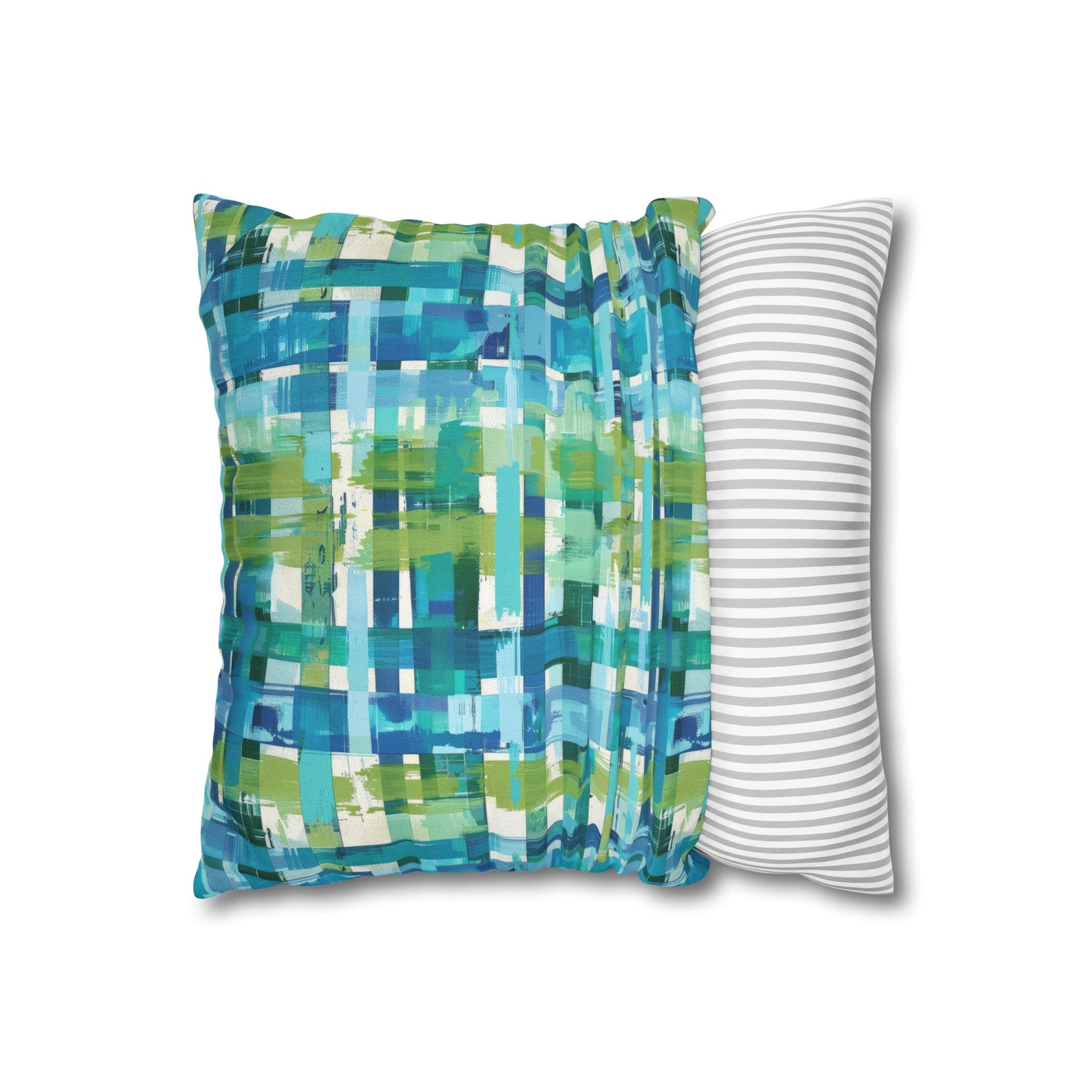 Enchanted Lagoon: Vibrant Green and Blue Abstract Plaid Spun Polyester Square Pillowcase 4 Sizes