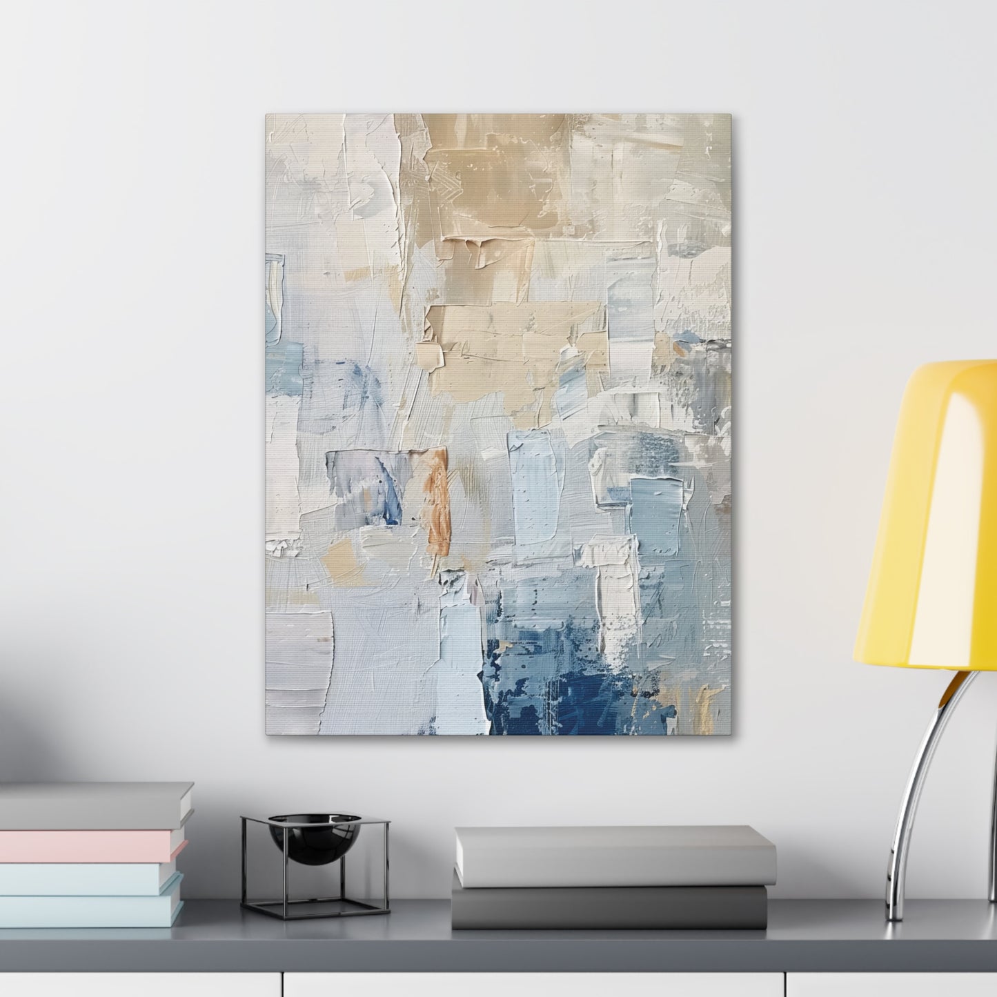 Bold Contrasts Abstract Tan, Grey and Blue Color Blocking with Heavy Strokes Print on Canvas Gallery - 13 Sizes