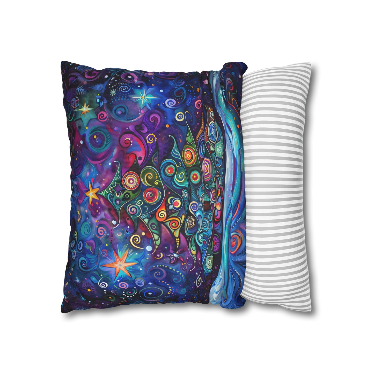 Christmas Tree in Magical Purple Hues, Sparkling Amidst Vibrant Stars Spun Polyester Square Pillowcase 4 Sizes