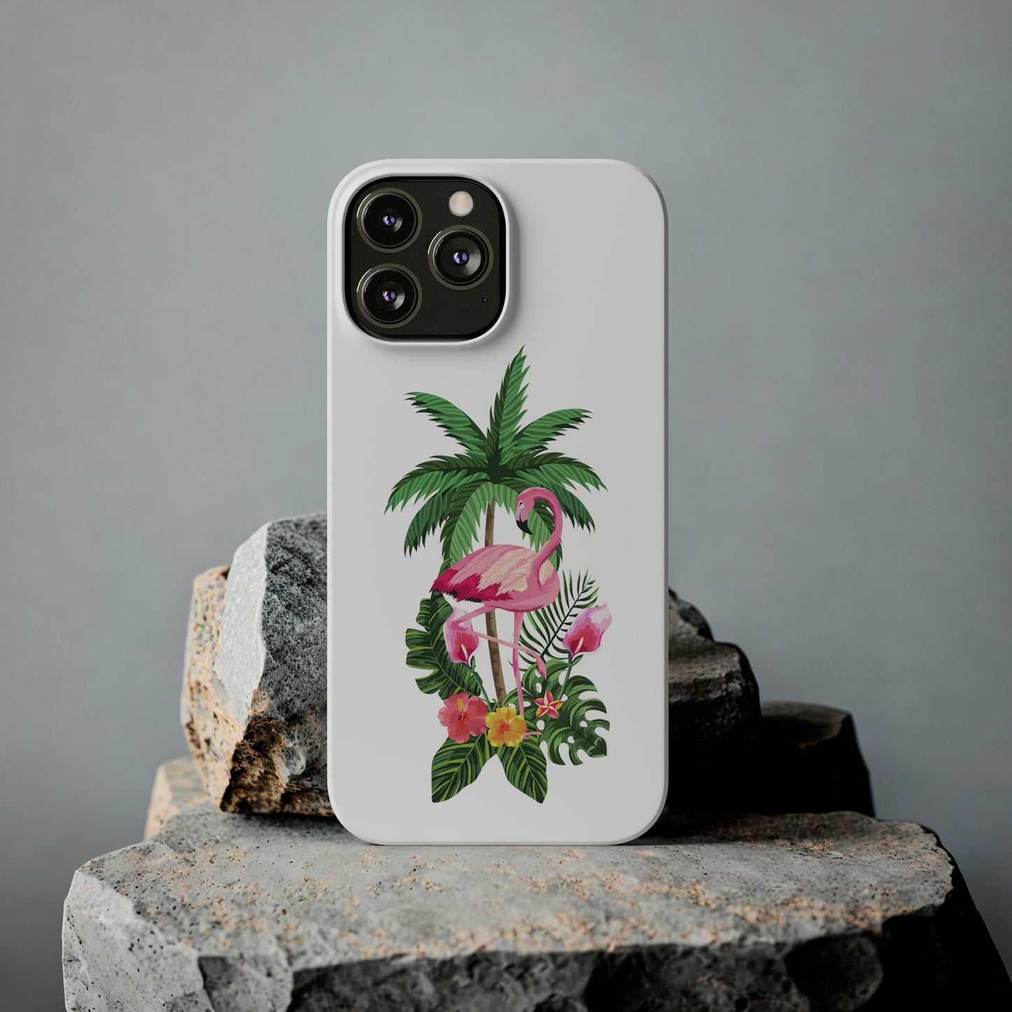 Tropical Pink Flamingo and Flowers White Background Iphone 15-12 Slim Phone Case