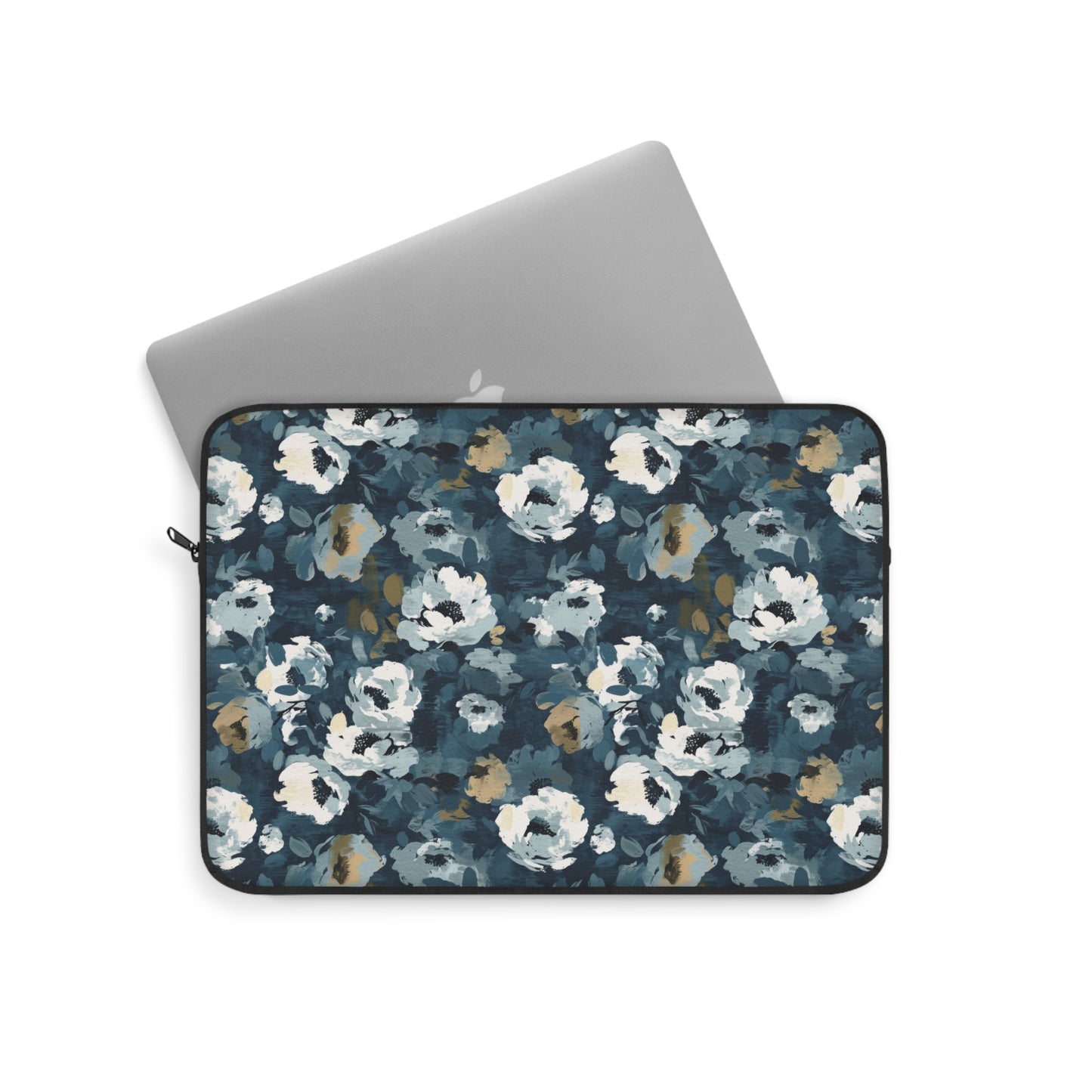 Chic and Artistic Floral Blooms in Shades of Navy, Gray, and Soft Gold Pattern Laptop or Ipad Protective Sleeve 3 Sizes Available