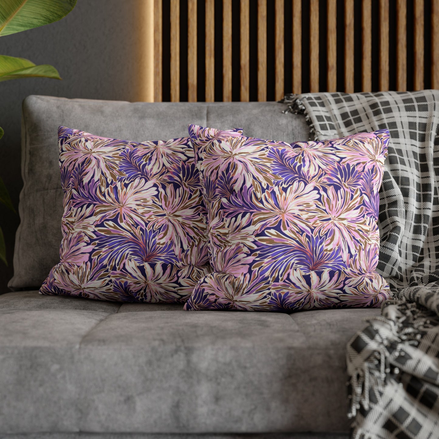 Gilded Blooms: Purple, Pink, and Gold Abstract Watercolor Flowers Spun Polyester Square Pillowcase 4 Sizes