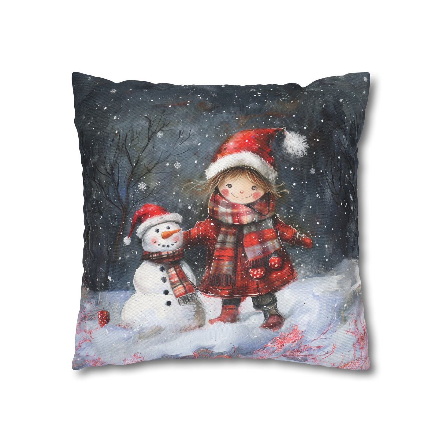 Little Girl and Snowman Sharing Winter's Wonder Spun Polyester Square Pillowcase 4 Sizes