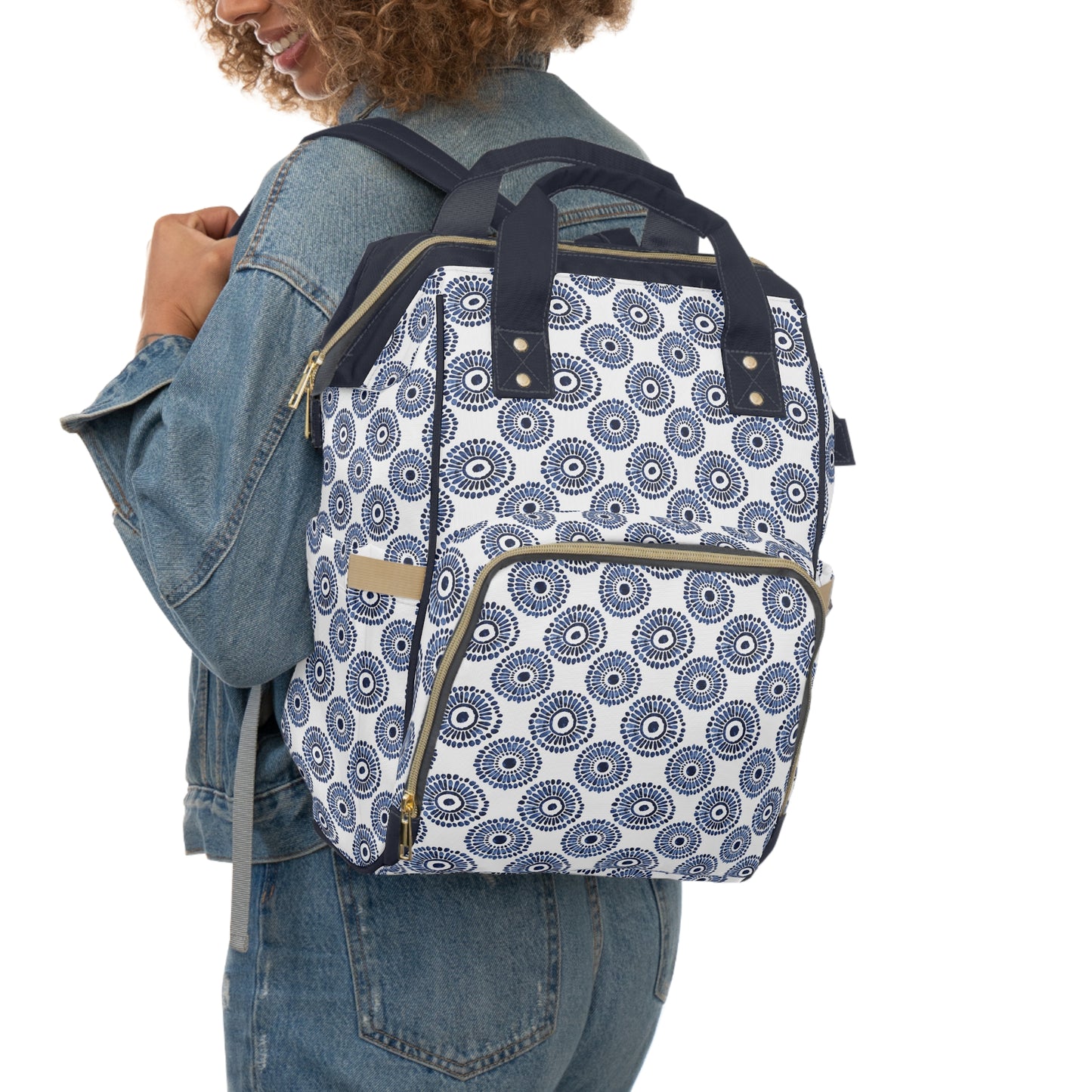 Indigo Sunburst Simple Folk-Inspired Dot Pattern Design Multifunctional Diaper Backpack