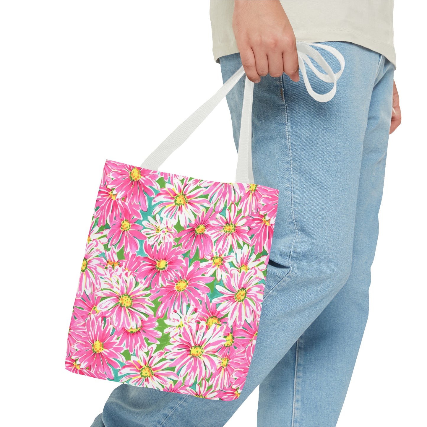 Springs Whisper: Watercolor Pink Daisies Dancing on a Lush Green Stage Canvas Tote Bag 3 Sizes