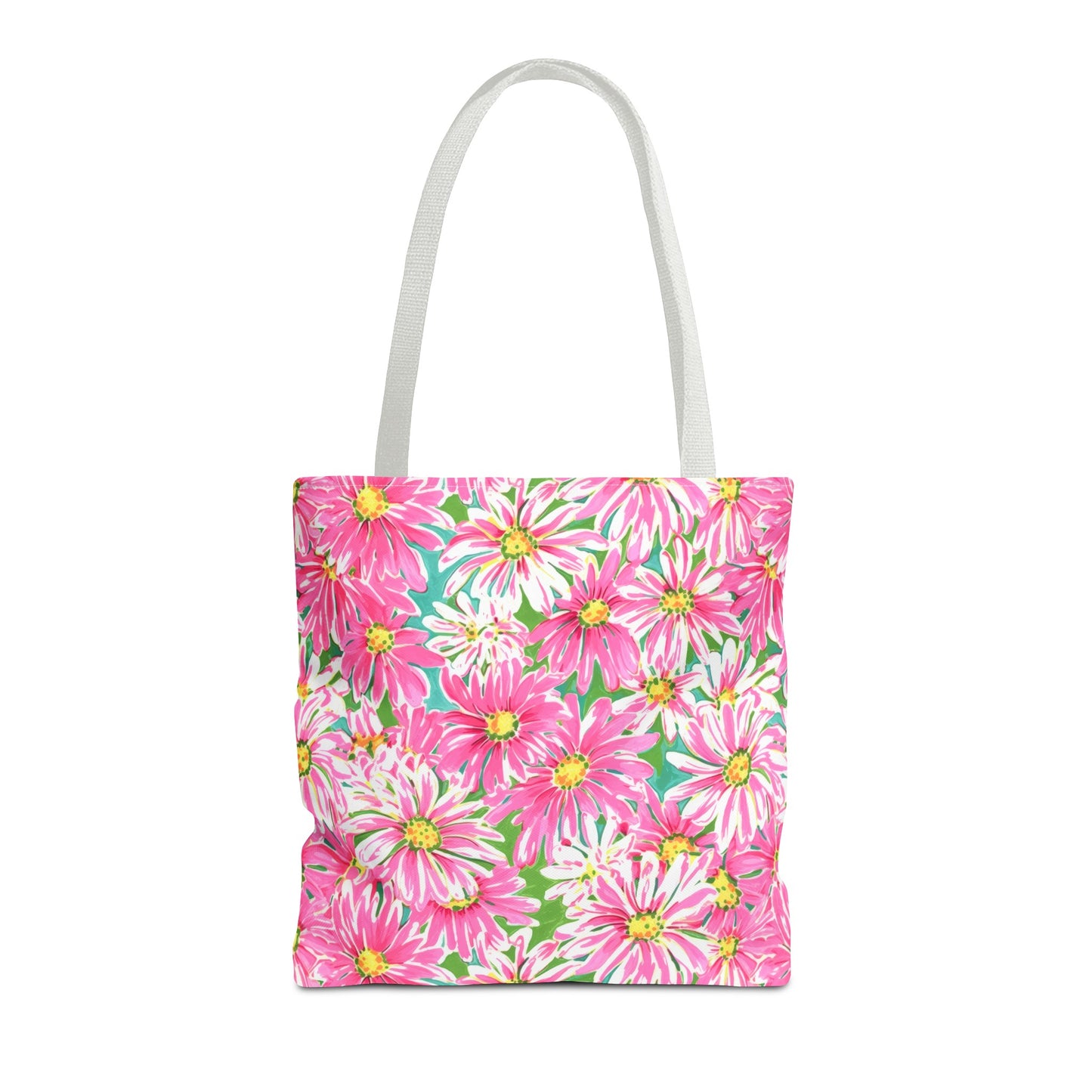 Springs Whisper: Watercolor Pink Daisies Dancing on a Lush Green Stage Canvas Tote Bag 3 Sizes