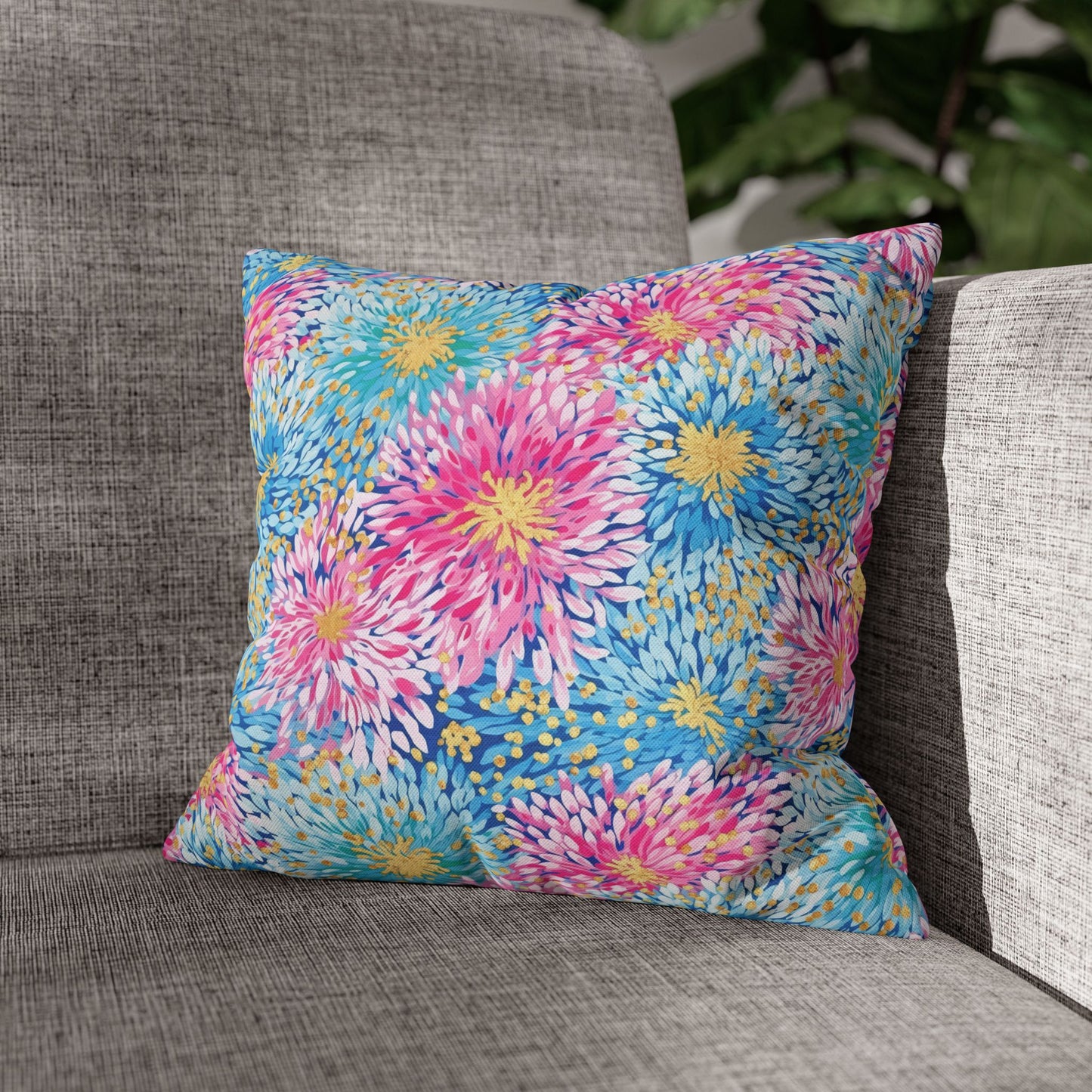 Pastel Harmony: Watercolor Chrysanthemums in Pink, Blue, and Yellow Spun Polyester Square Pillowcase 4 Sizes