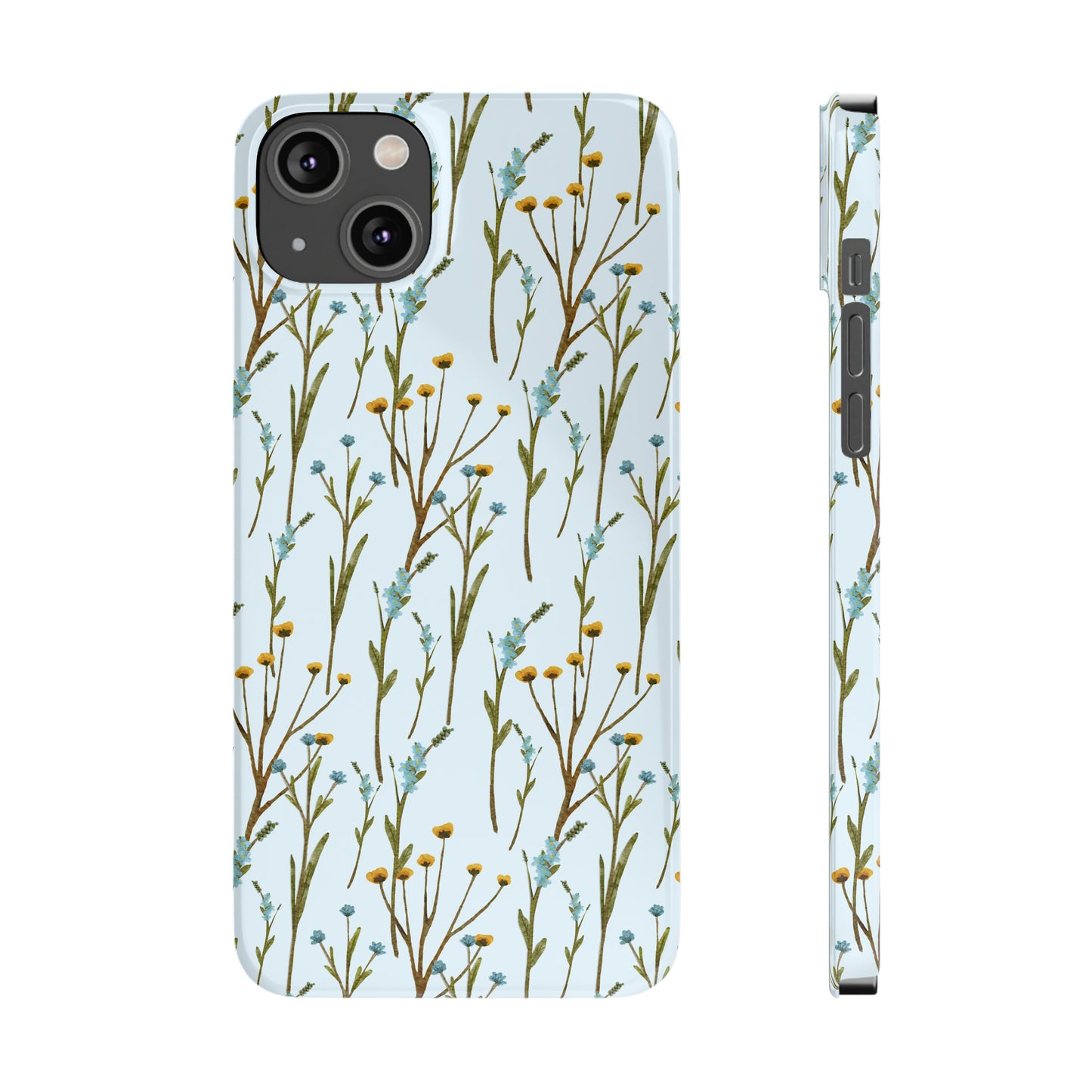 Delicate Blue and Yellow Wildflowers on a Light Blue Background Design Iphone 15-12 Slim Phone Case