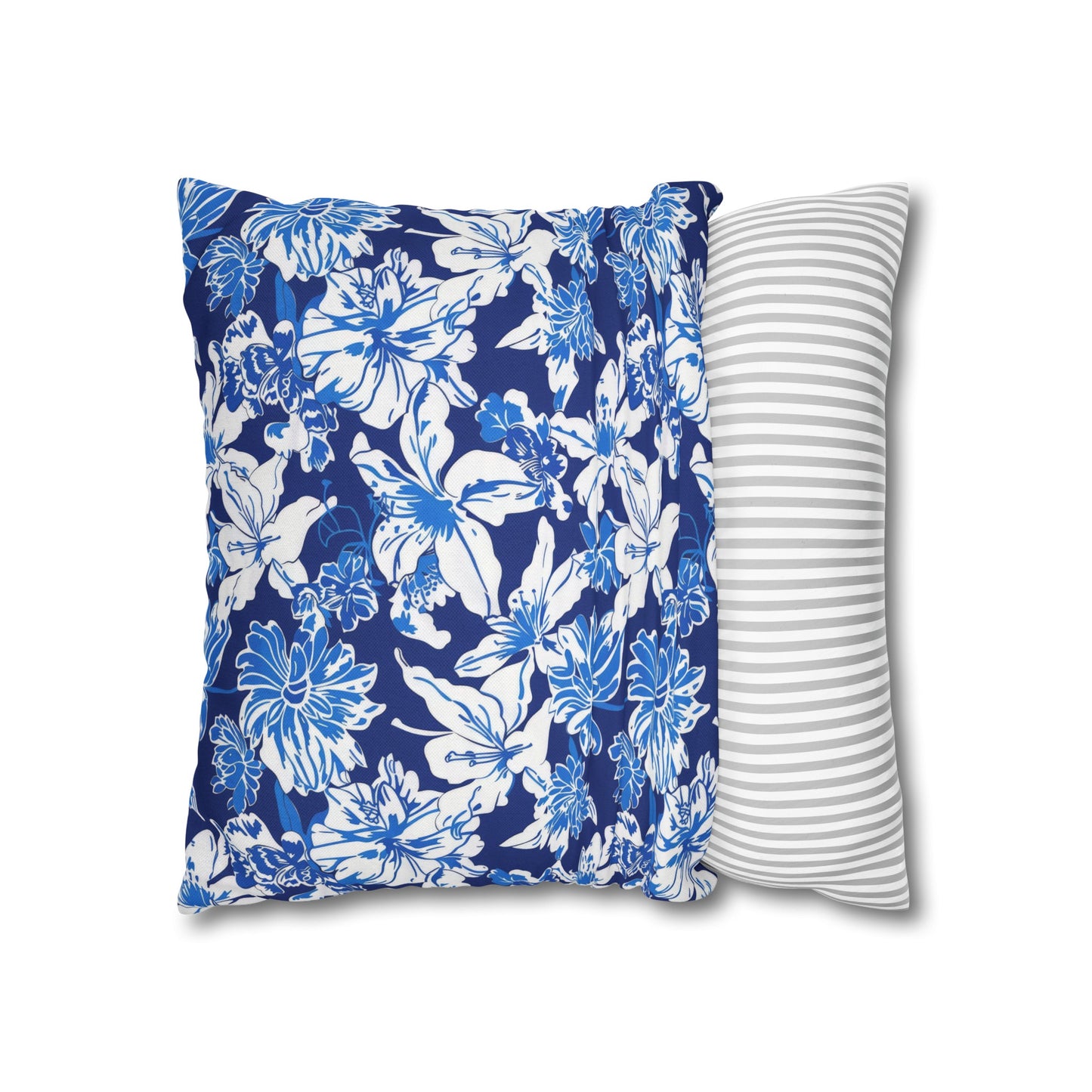 Oceanic Bloom: Watercolor Tropical Flowers in White and Blue against a Deep Blue Background Spun Polyester Square Pillowcase 4 Sizes