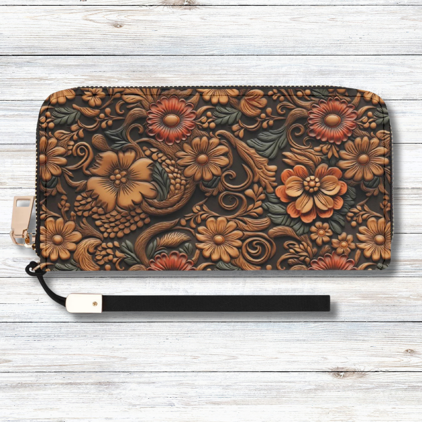 Print of Tooled Leather Flowers with Red and Blue Accent - Wristlet Wallet Leather (PU)