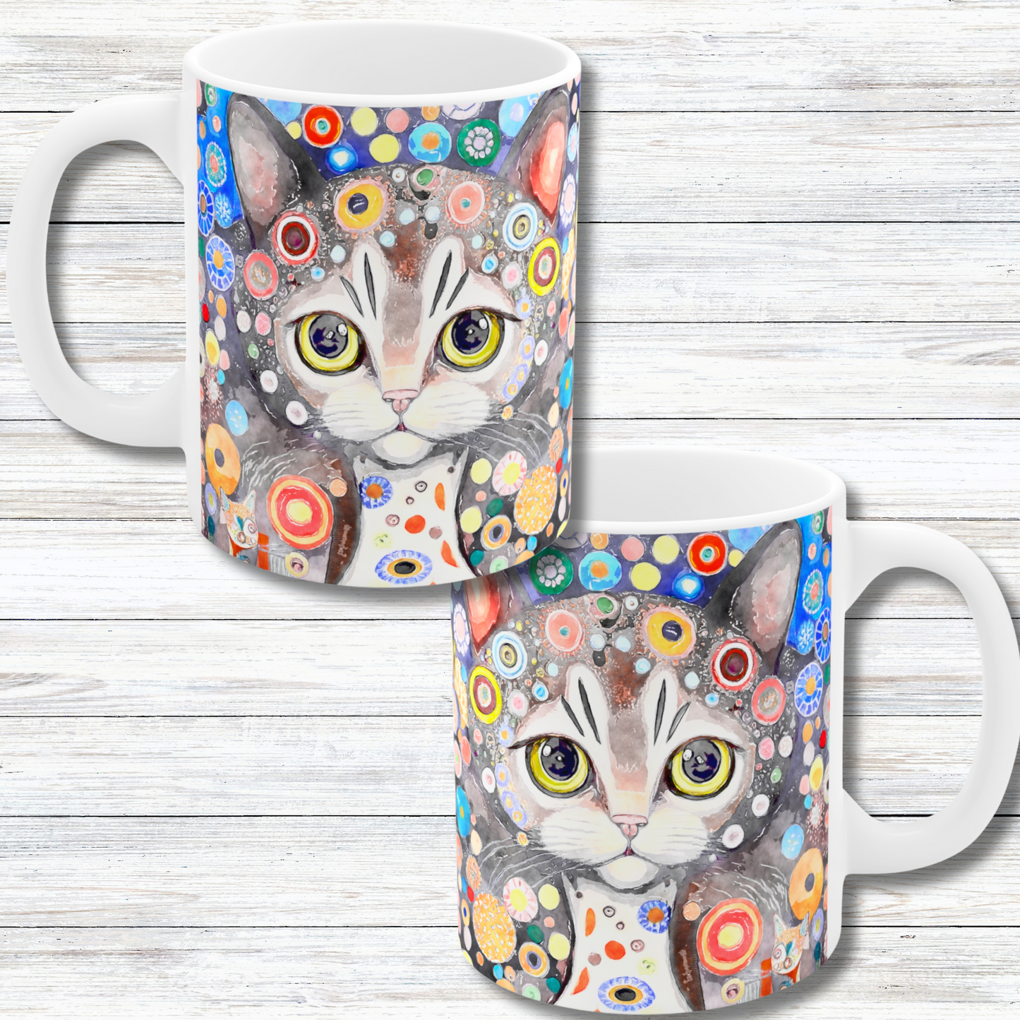 Sweet Grey Cat with Flowers in Style of Klimt  - 11 oz Coffee