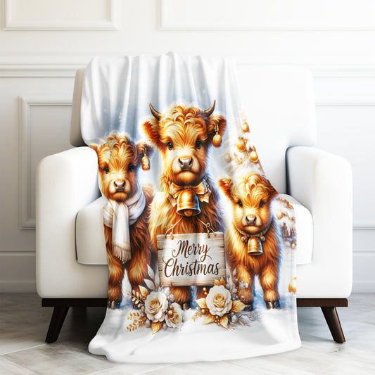 Baby Highland Cows Golden Merry Christmas Velveteen Plush Blanket 3 Sizes