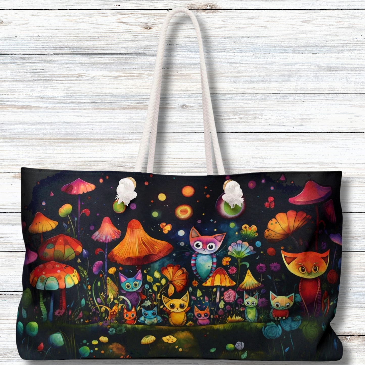 Mystical Cats Amidst a Garden of Flowers and Mushrooms, Beneath a Starry Sky - Weekender Oversized Canvas Tote Bag 24" × 13"