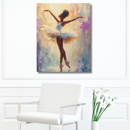 Black Ballerina Dancing in Vibrant Purple and Pink Accents Amidst Sunshine Print on Canvas Gallery - 13 Sizes